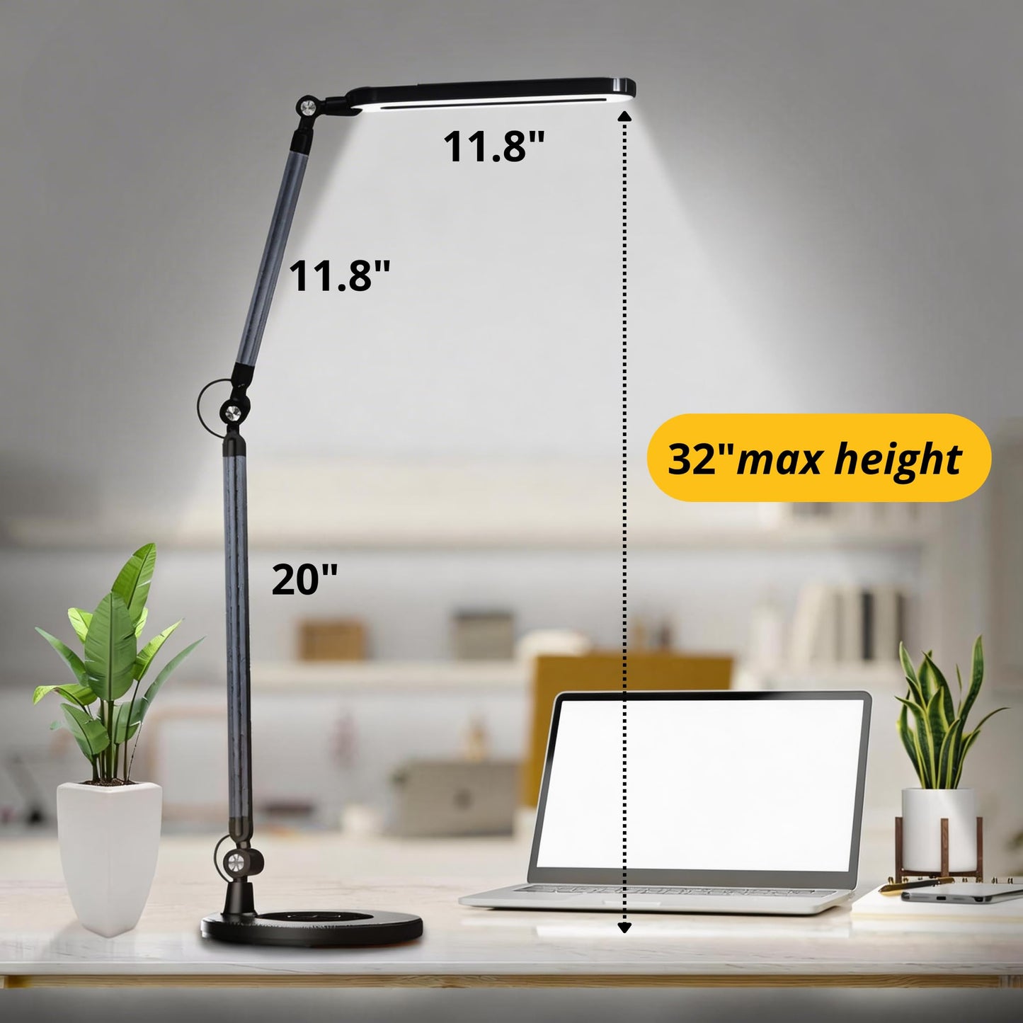 OTUS LED Architect Desk Lamp for Home Office with Wireless Charger, Adjustable Swing Arm, 32 in Tall, 11.8 in Panel, 3 Color Modes, 12 Dimmable Levels, Eye-Caring for Reading, Study, Video Calls
