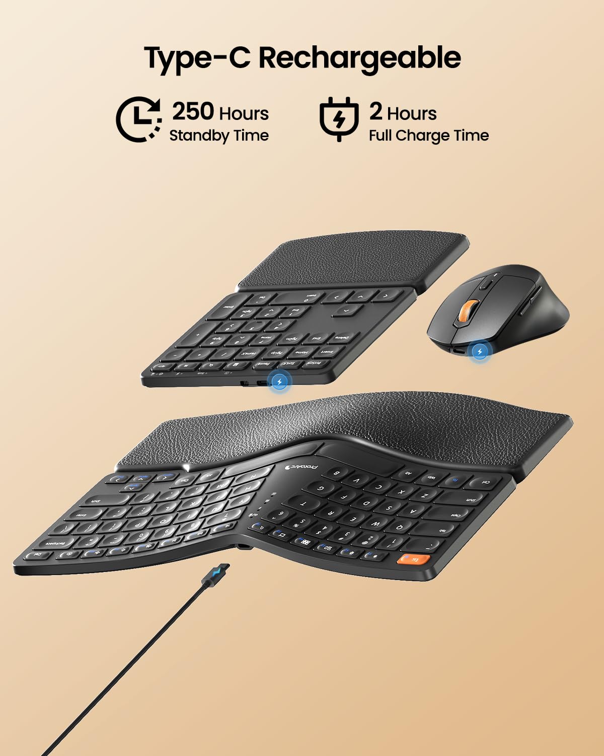 ProtoArc Ergonomic Keyboard Mouse, EKM04 2.4GHz USB Wireless Ergo Keyboard Mouse Combo with Separate Numeric Keypad, Split Design, Hard Wrist Rest, Rechargeable, for Windows Desktop/PC/Laptop