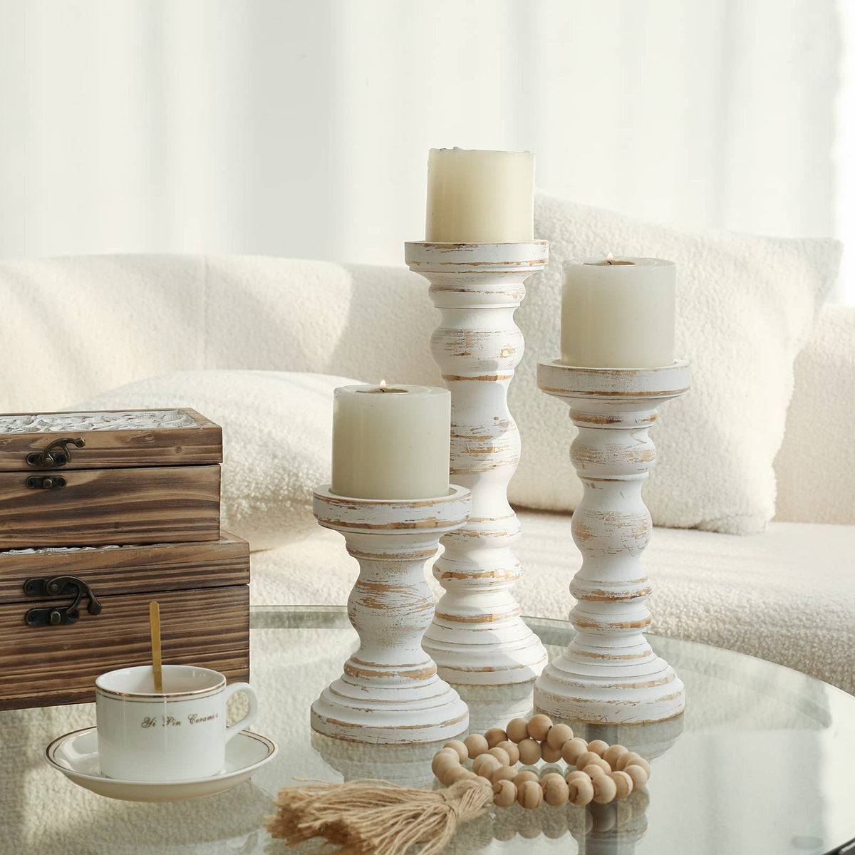SWALLOWLIVING Rustic Farmhouse Wood Pillar Candle Holder Set of 3 for Candlestick, White