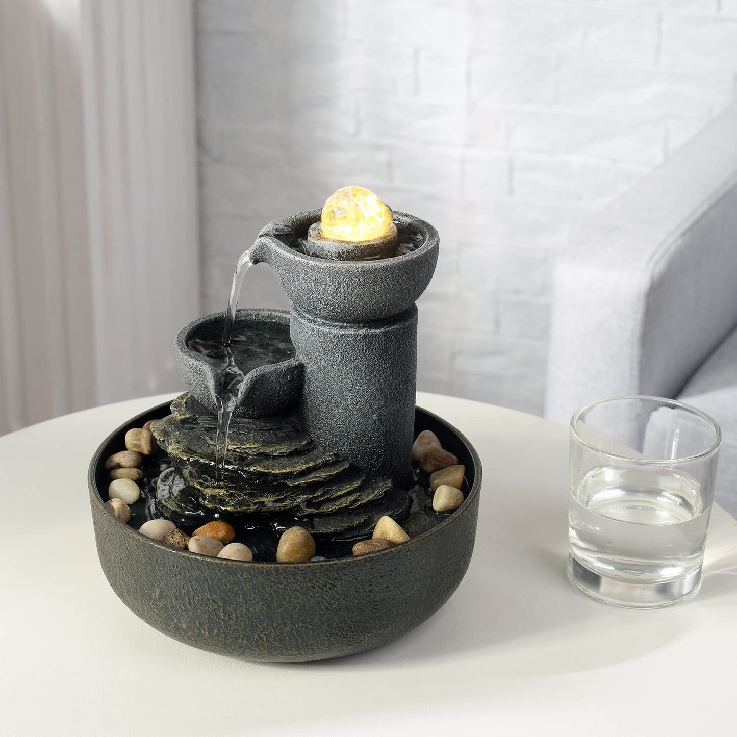 GOSSI Tabletop Water Fountain 2-Tier Indoor Waterfall Fountain with LED Light, Cobblestone & Glass Rolling Ball, Soothing Meditation Sounds for Office & Home Decor