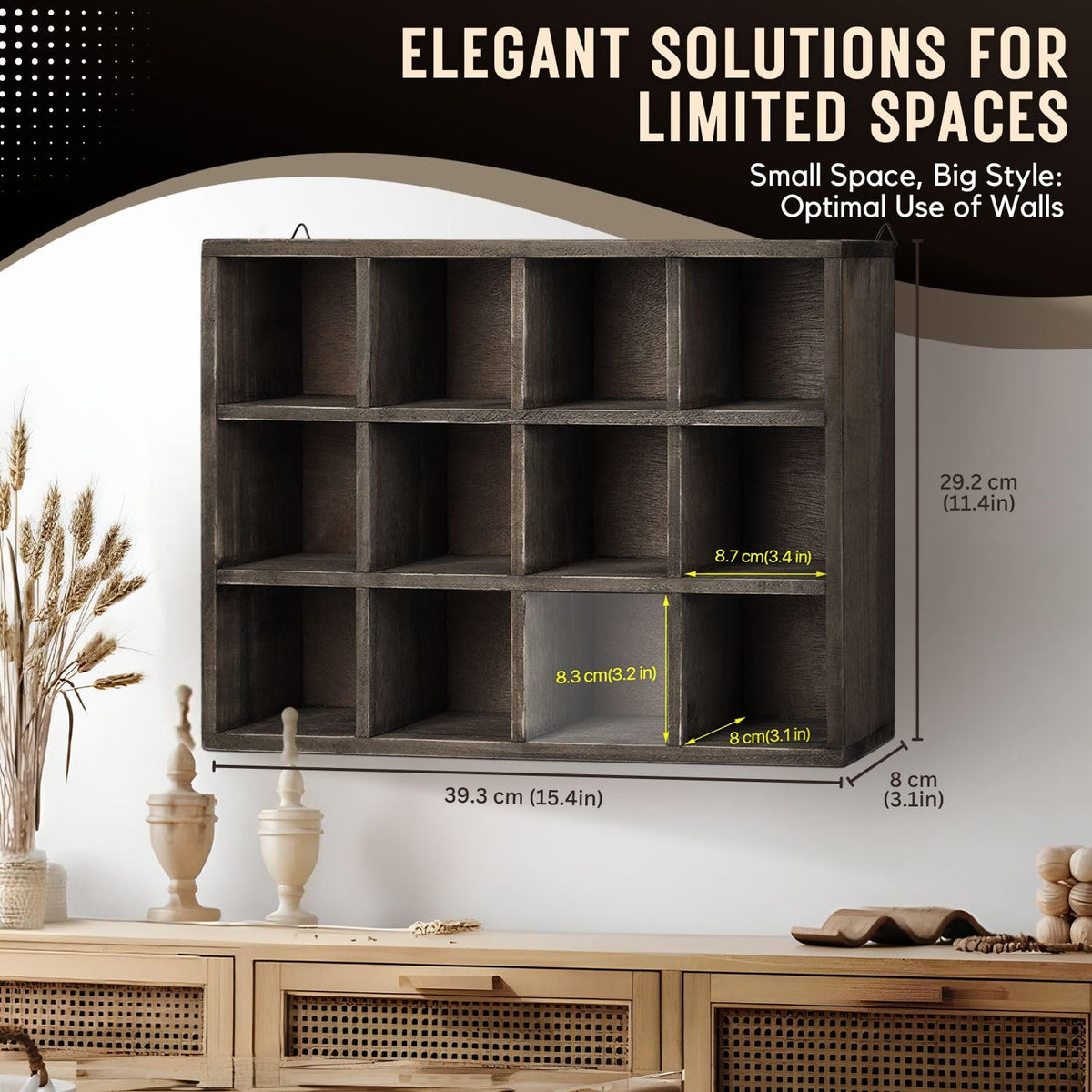 Flexzion Trinket Shelf Shadow Box with Shelves - 12-Compartment Rustic Wood Cubby Wall Shelf for Collectibles, Knick Knacks, Shot Glass Display, Wall Mounted or Freestanding with D-Ring Mounting Tabs