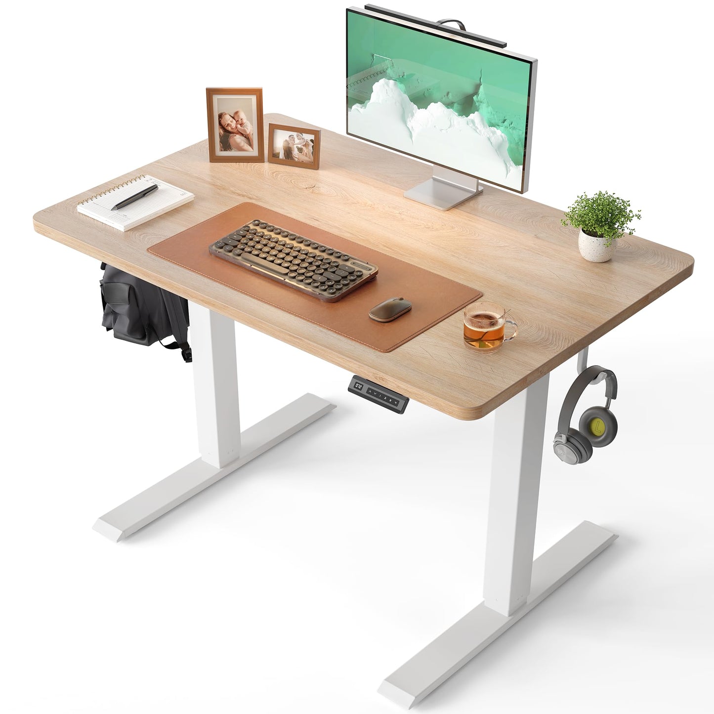 CubiCubi 32 x 20 Small One-Piece Standing Desk, Adjustable Height Electric Computer Sit Stand up Home Office Workstation, with 4 Memory Presets, Headphone Hook, Maple