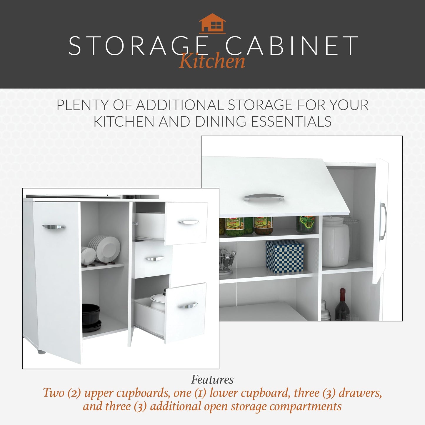 Inval America 4-Door Kitchen Microwave Storage Cabinet with 3 Drawers, Kitchenette Standing Pantry, 71"H x 23.6"W x 17.1"D, White