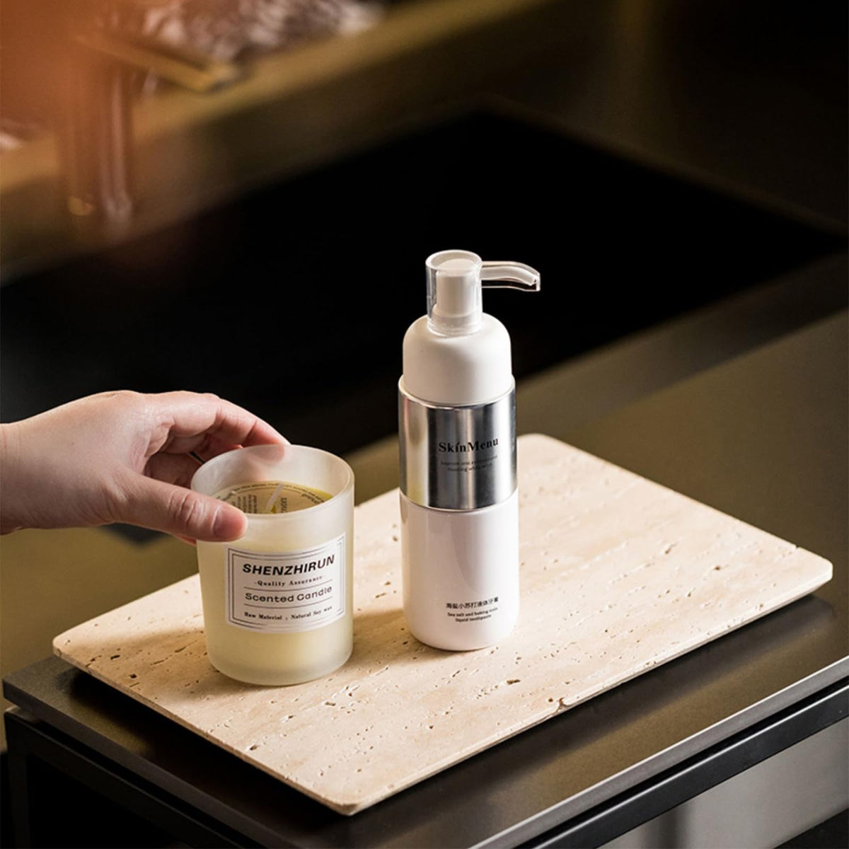 Natural Marble Board，Bathroom Trays Perfume Tray Jewelry Candle Plate (Travertine, 9.8 * 4.7 in)