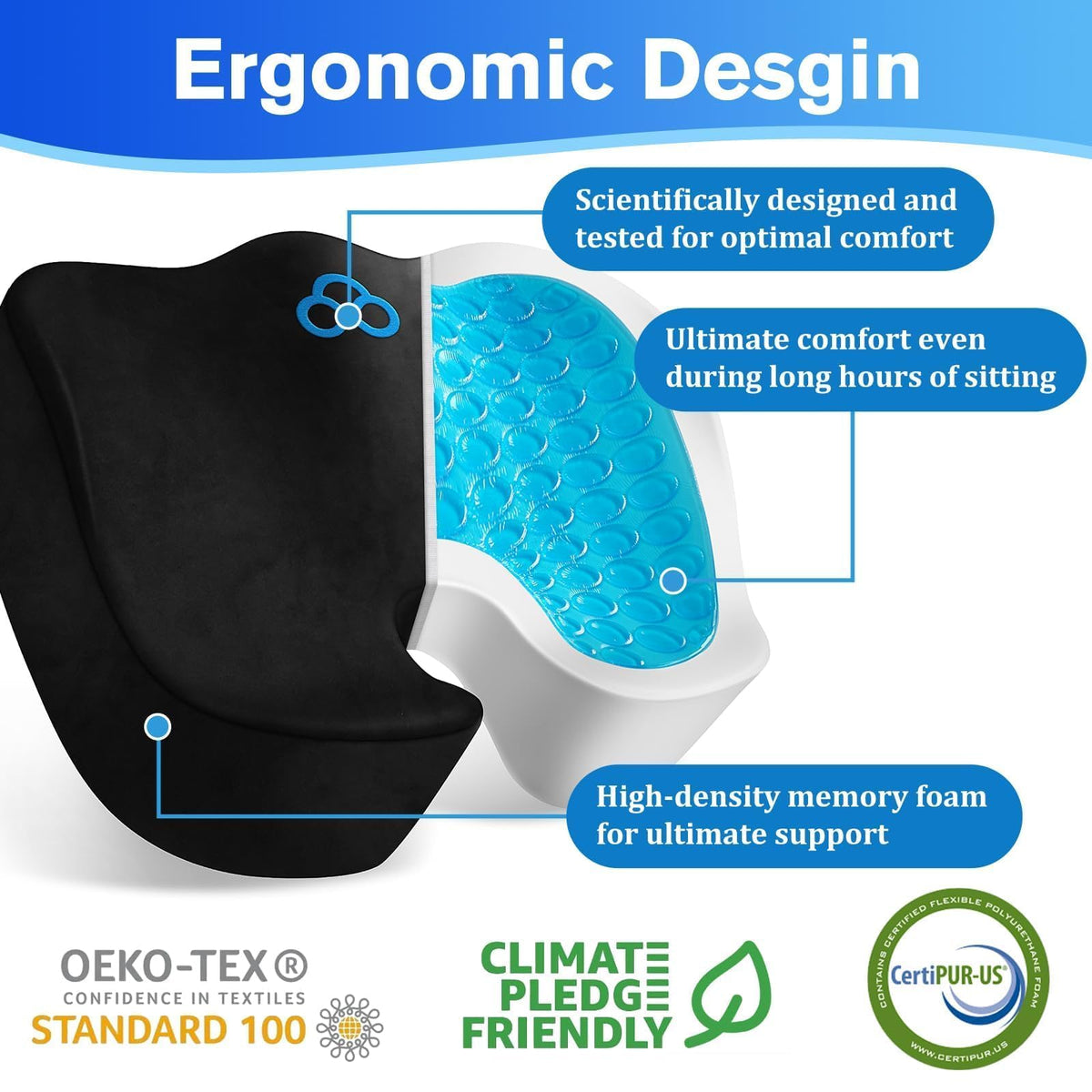 CushyOasis Seat Cushion, Gel Chair Cushions, Office Chair Cushions, Anti-Slip Bottom & Removable Cover Tailbone Pain Relief Cushion, Memory Foam Seat Cushion, 5.28 in Thick (Black)