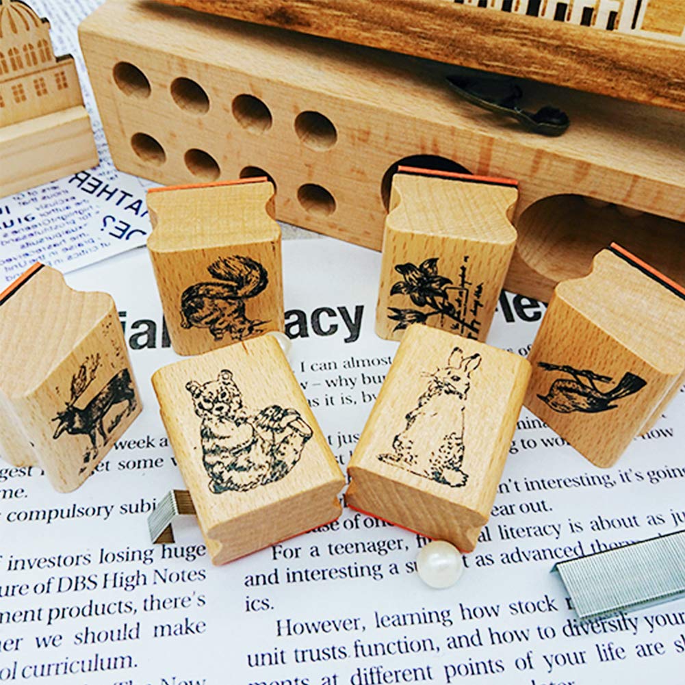 15pcs Wooden Rubber Stamps Animals and Plants Patterns Stamps Set for DIY Craft Card Scrapbooking Supplies