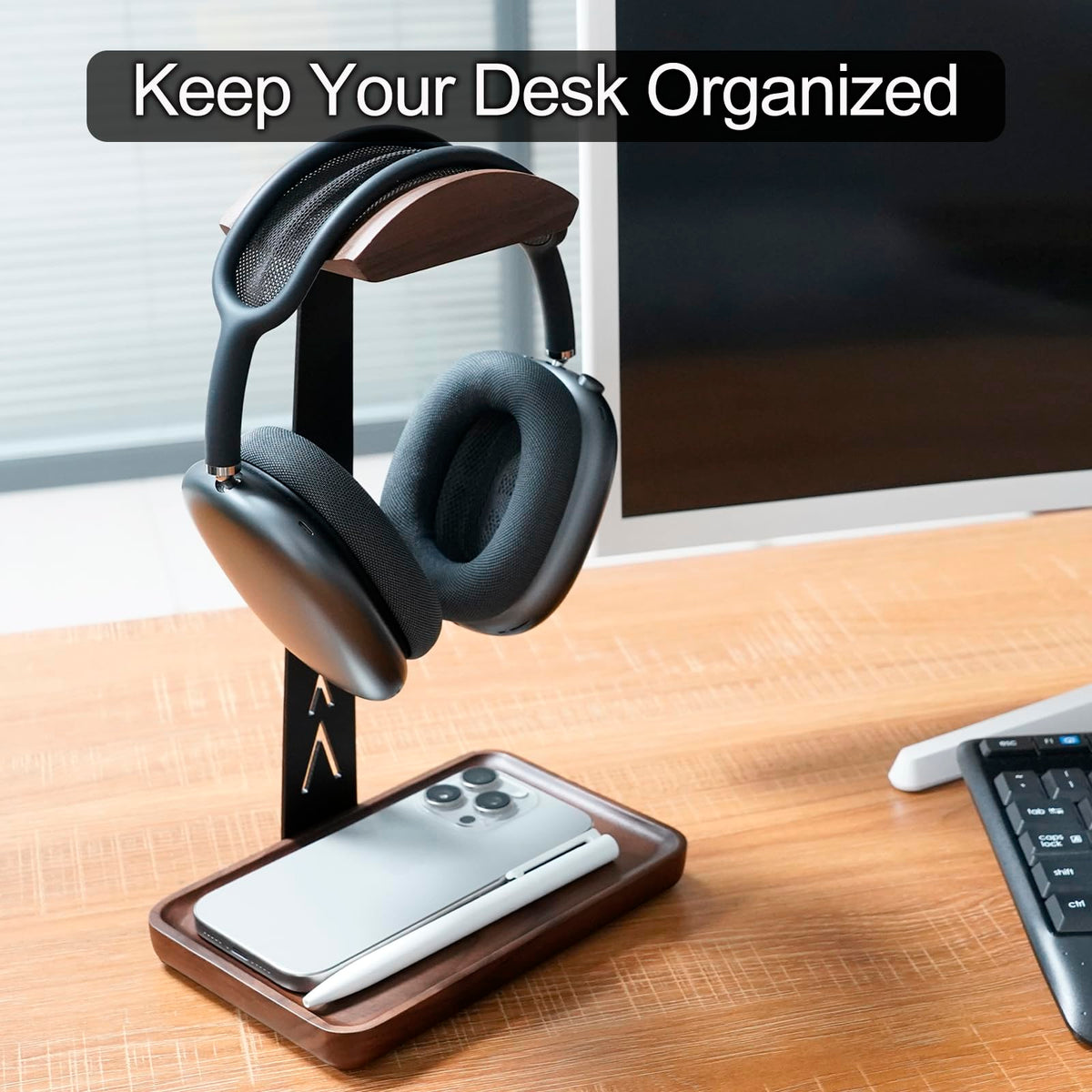 GEVO Walnut Headphone Stand, Wood Headset Stand for Desk, Universal Headphone Holder Gaming Headset Rack with Storage Base Compatible for AirPods Max, Bose, Razer, Sennheiser, Jabra, JBL, AKG