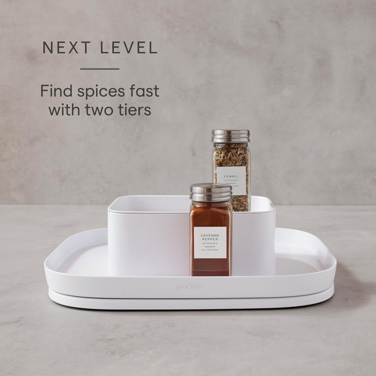 YouCopia MagicTrack Rectangle Lazy Susan Turntable 2-Tier Spice Rack: Jar & Bottle Storage Organizer for Kitchen and Bathroom with 360° Spin, Non-Slip, White Speckled BPA-Free