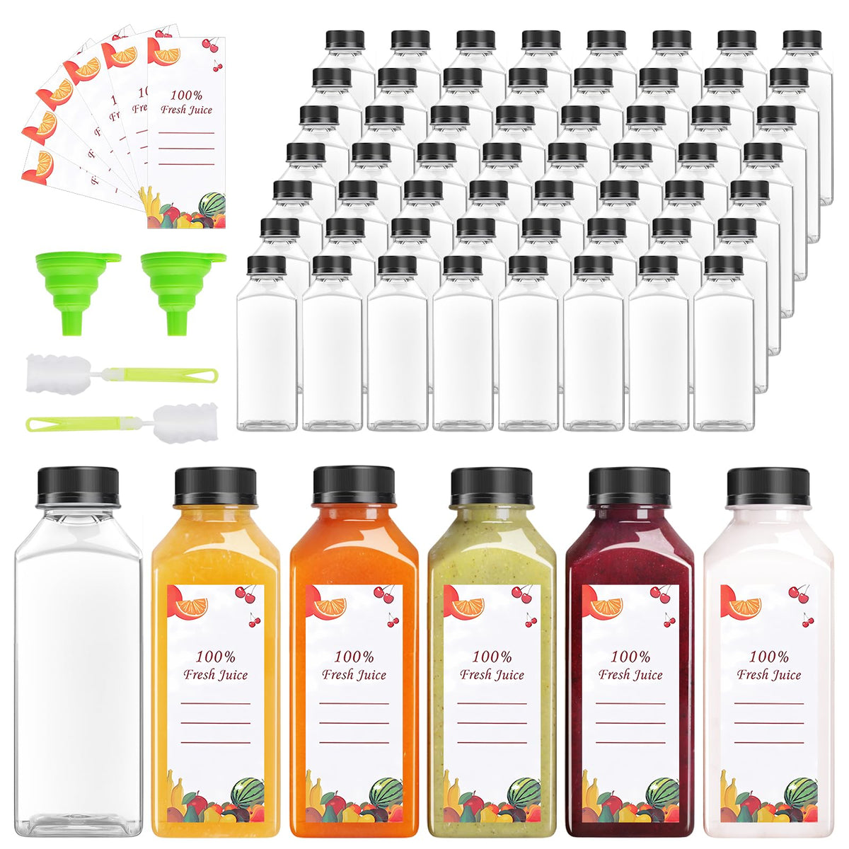 OBKJJ 40 pcs 12oz Pcs Juice Bottles, Juice Bottle with Caps Reusable Empty Clear Bottles with Label, Funnel, Brush Bulk Beverage Containers for Juicing, Drinking, Smoothie and Other Beverages (12-OZ)