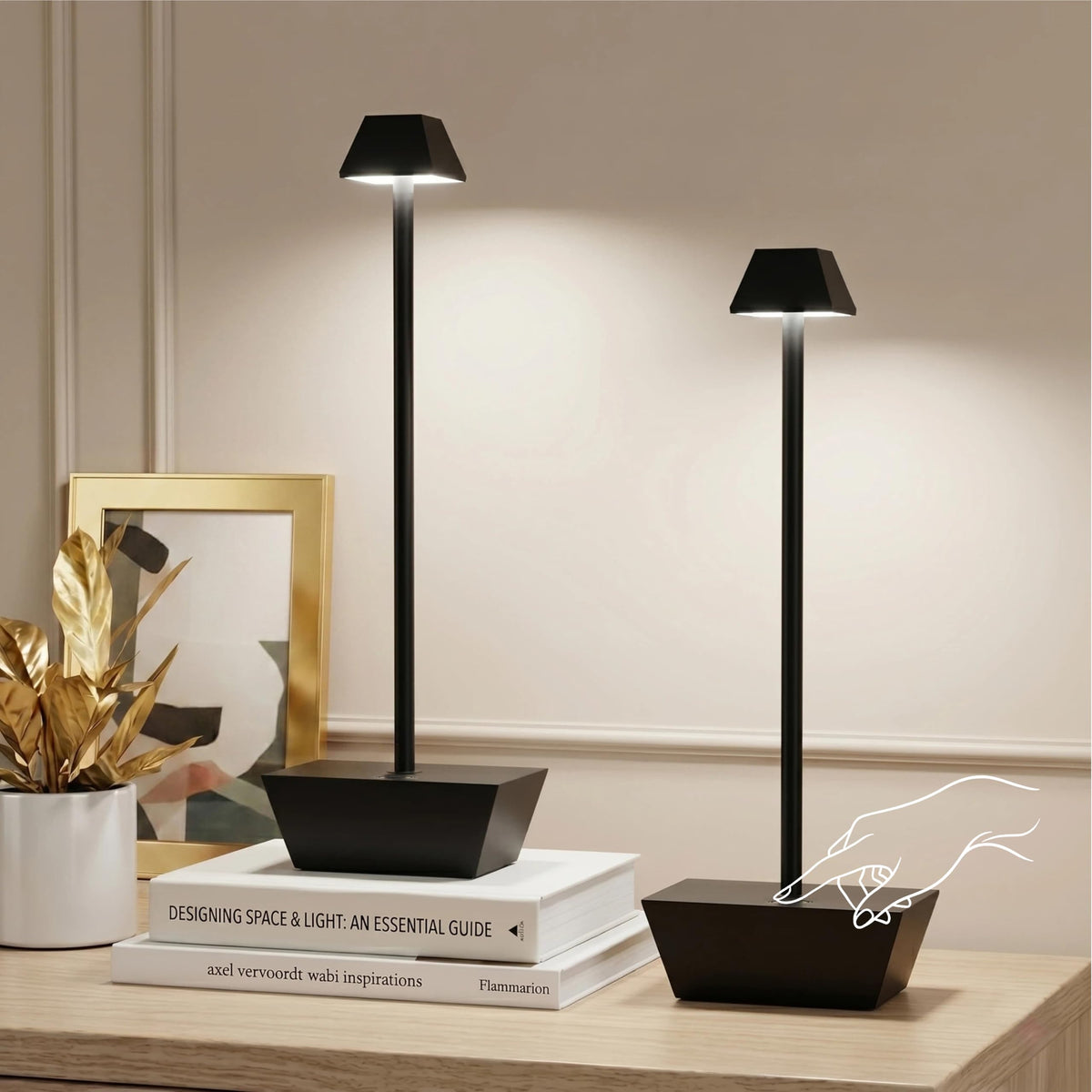 Hebangya Modern Cordless Table Lamps Set of 2,Rechargeable Battery Operated Lamp for Bedroom,Restaurant,Dining Room,Restaurant,Outdoor,Camping,Coffee Shop,Night Light(Black)