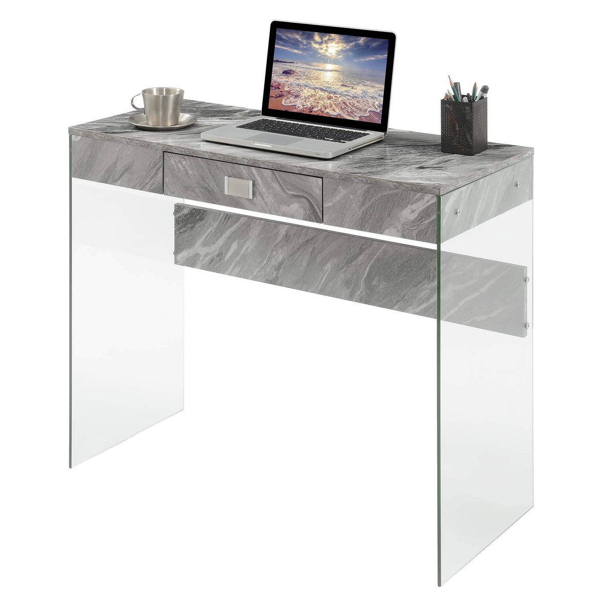 Convenience Concepts SoHo 1 Drawer Glass 36 inch Desk, Gray Faux Marble/Glass