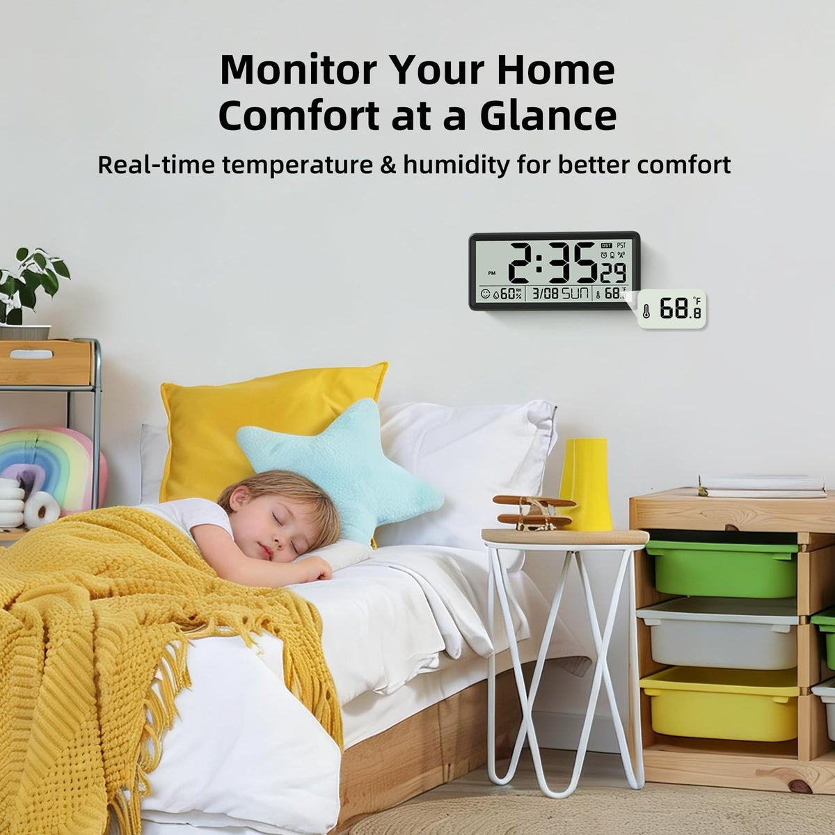 EASYERA 15'' Large Digital Wall Clock Battery Operated, Atomic Clock with Indoor Temperature and Humidity, Self-Setting with Auto DST, for Kitchen, Classroom, Living Room (Batteries Not Included)