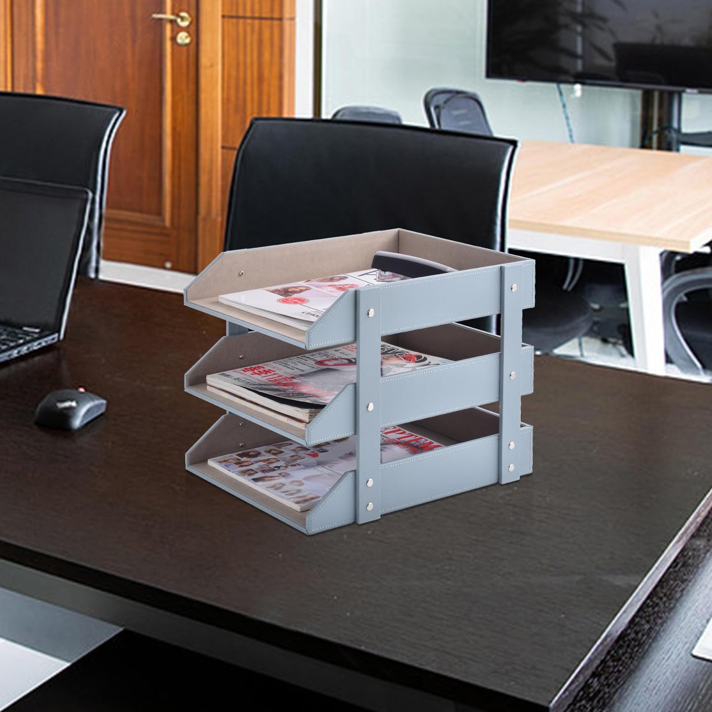 Leather Desk Organize Holder,3-Layer Stackable Letter Tray,Used to Store documents,Folders,Stationery,Magazines,Paper,and Other Home Office Supplies,Desk File Rack (Grey)