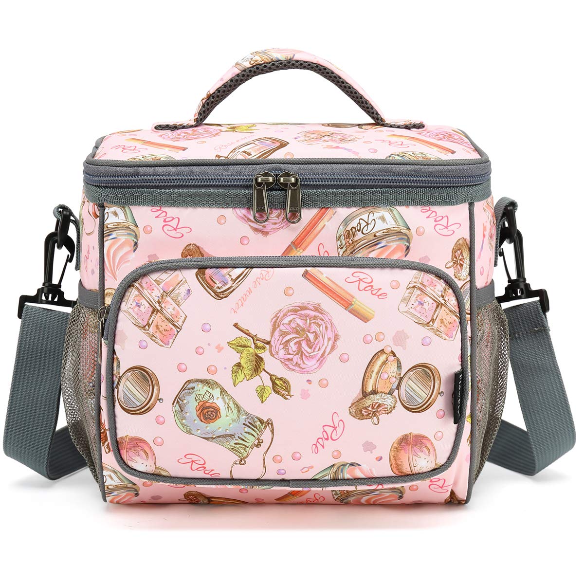 FlowFly Insulated Reusable Lunch Bag Adult Large Lunch Box for Women and Men with Adjustable Shoulder Strap,Front Zipper Pocket and Dual Large Mesh Side Pockets,Rose