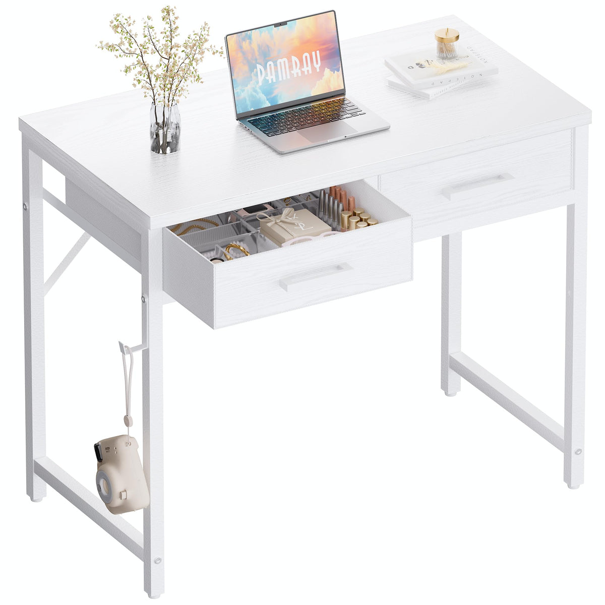 Pamray 32 Inch Small Computer Desk with 2 Drawers for Bedroom Study Writing Home Office Table for Small Spaces White