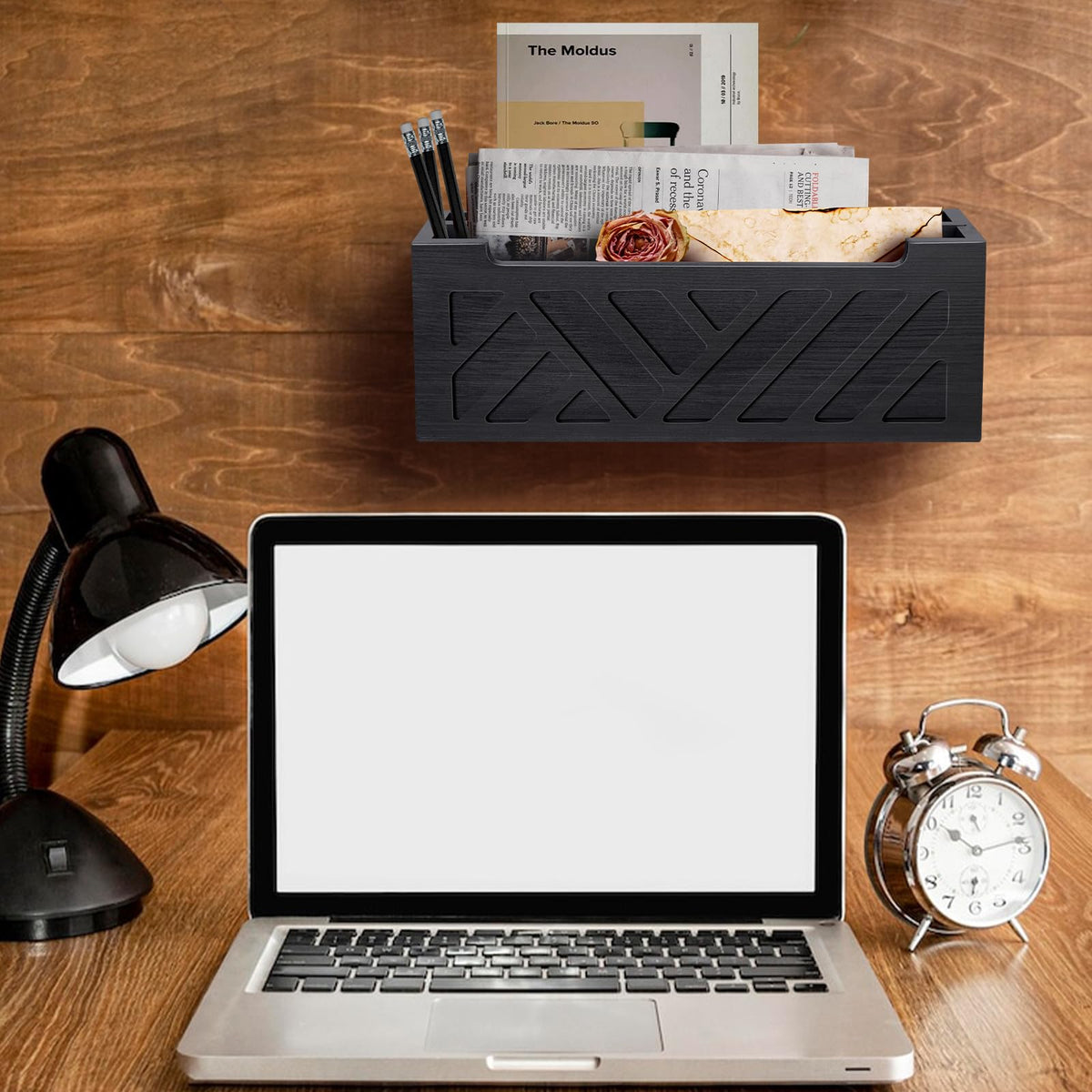 MINCORD Mail Organizer Mail Holder Countertop with 2 Slots, Wood Mail Basket for Wall Table Desk, Envelope Bill Holder for Home Office Decor (Black-2)