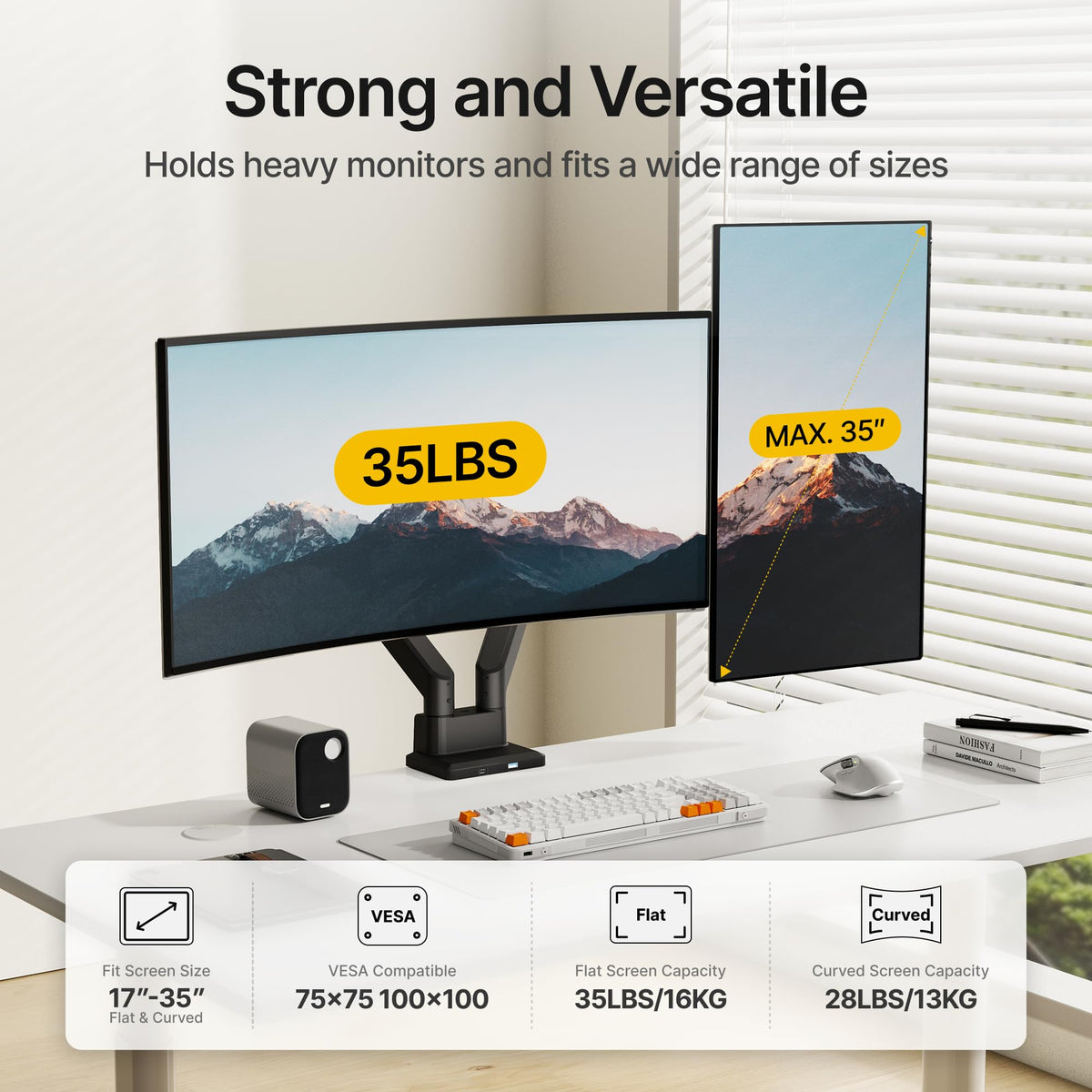 monTEK Dual Monitor Mount with USB Monitor Arms for 2 Monitors for 17 to 35 Inch Curved Screen Holds 35 Lbs Adjustable Heavy Duty Monitor Desk Mount Cable Management, VESA 75/100mm