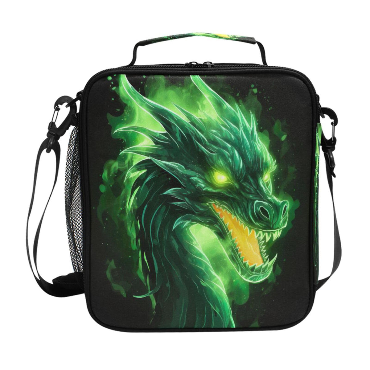 Qinllo Fire Dragon Green Black Lunch Box Bag Large for Boys Girls Kid Insulated Lunch Bags Food Container Reusable Lunchbox Expandable Zip Lock Bag Organizer for Men Women Office Picnic School