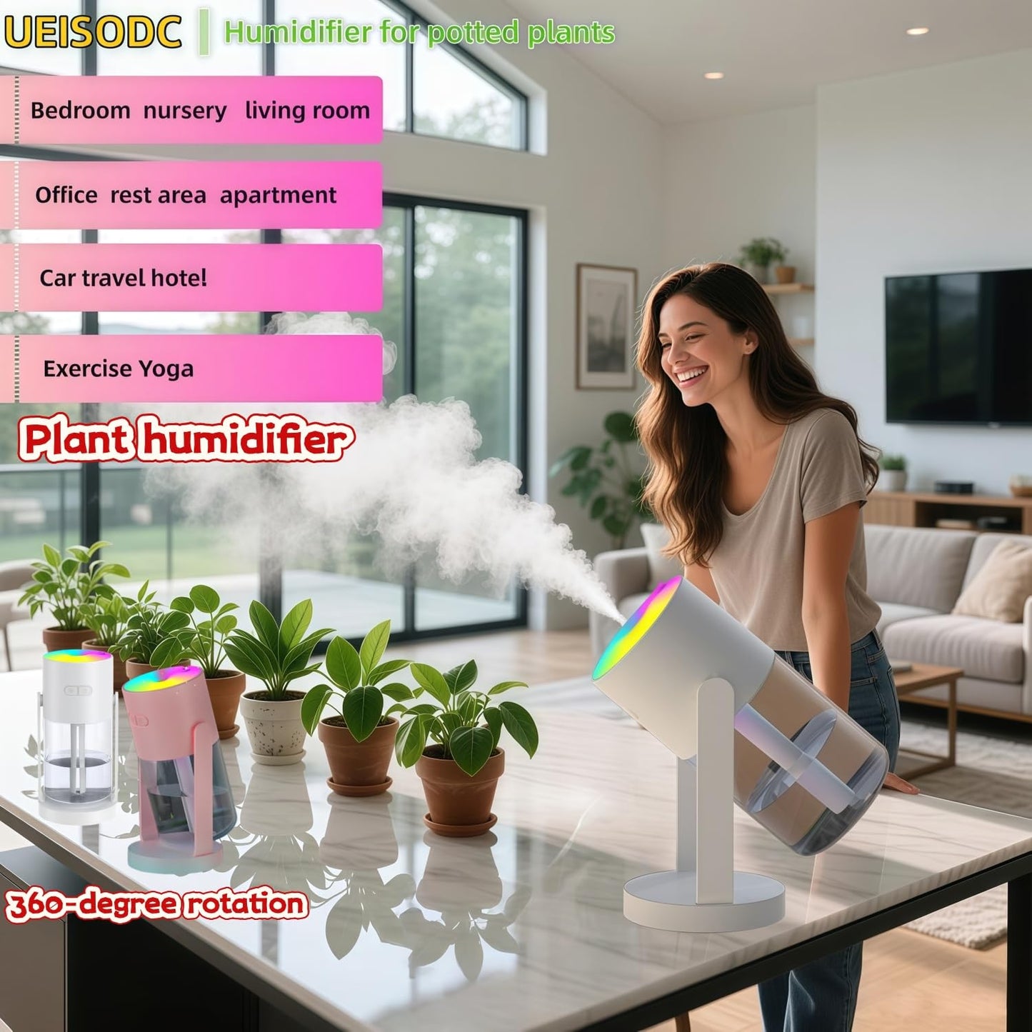 UEISODC bedroom humidifier, desktop USB humidifier, car air freshener, relieves tight skin, cough, nasal congestion, allergies and dry air，With automatic shutdown, silent operation