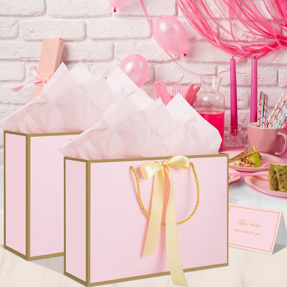 woric Pink Gift Bags with Handles, 14" Medium Gift Bags with Tissue Paper, 2 Pcs Pink Bags with 4 Tissue Paper and 2 Cards for Baby Shower Wedding Bridal Shower Mother's Day Birthday Party