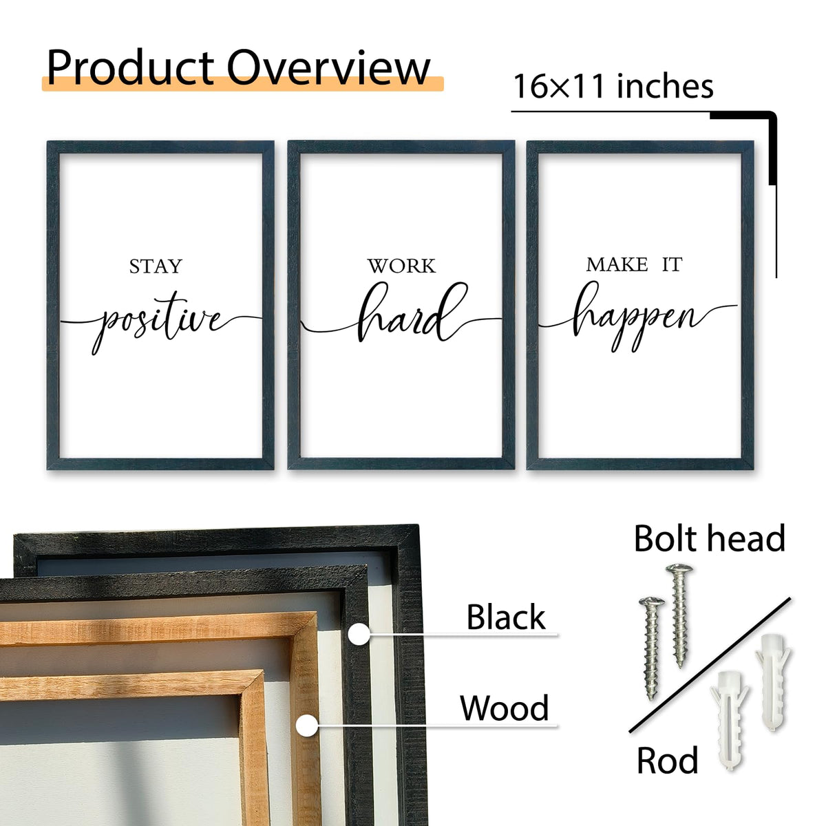 SRSZHIYUE Office Motivational Decor 16"×11" Set of 3 Stay Positive Work Hard Make It Happen Inspirational Quotes Wooden Framed Wall Hanging Art (Black)