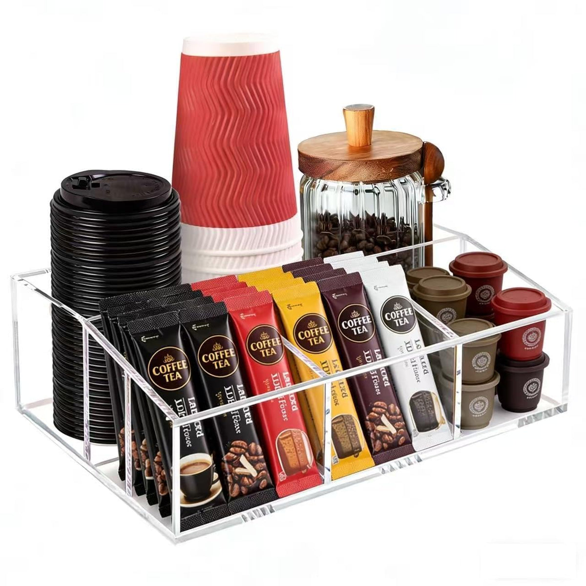 Goindy Coffee Station Organizer for Countertop - Clear Acrylic Coffee Bar Accessories and Organizer with Removable Dividers for Pods Condiment Syrup Tea Cups Stirrers Tea Bag - Farmhouse Table Decor