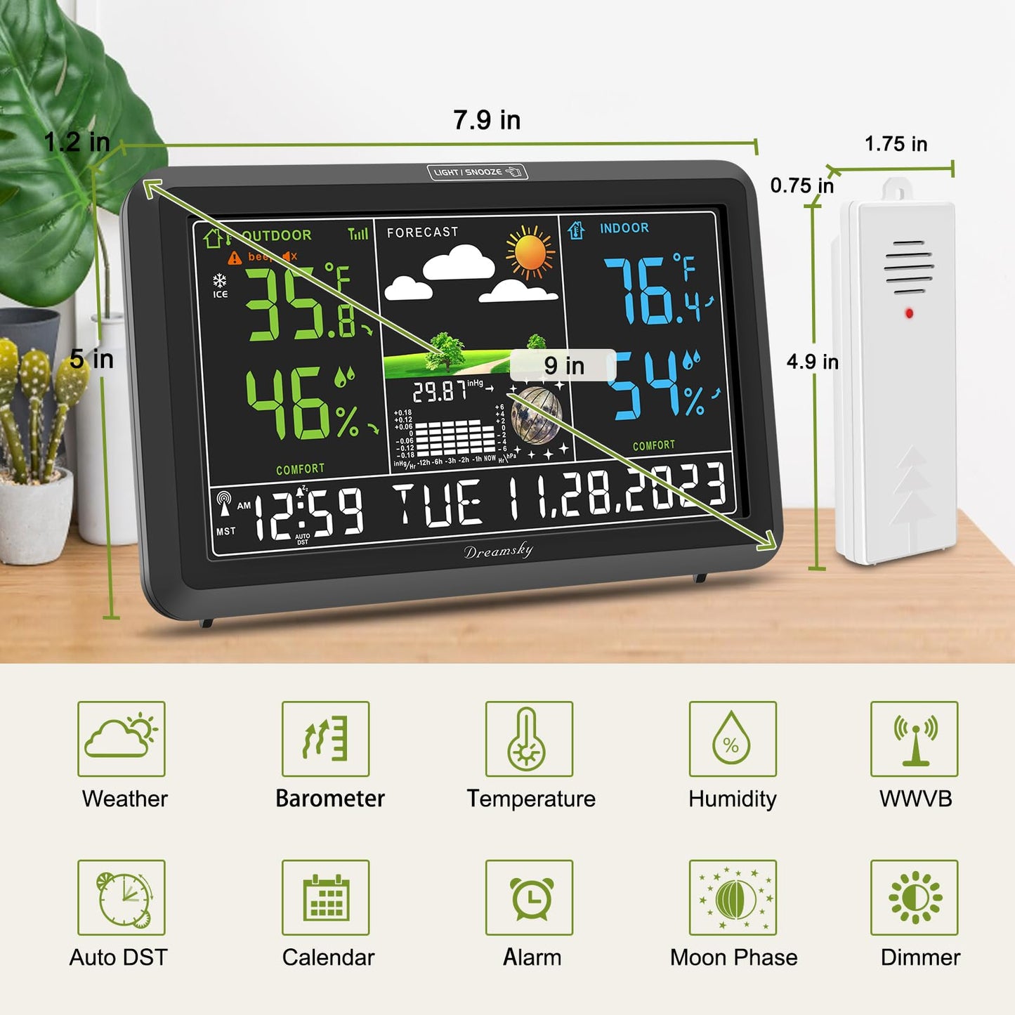 DreamSky Weather Station Indoor Outdoor Thermometer Wireless with Digital Atomic Clock for Home, Large Display with Dimmer, USB Port, Inside Outside Temperature Humidity Monitor (Plug-in)