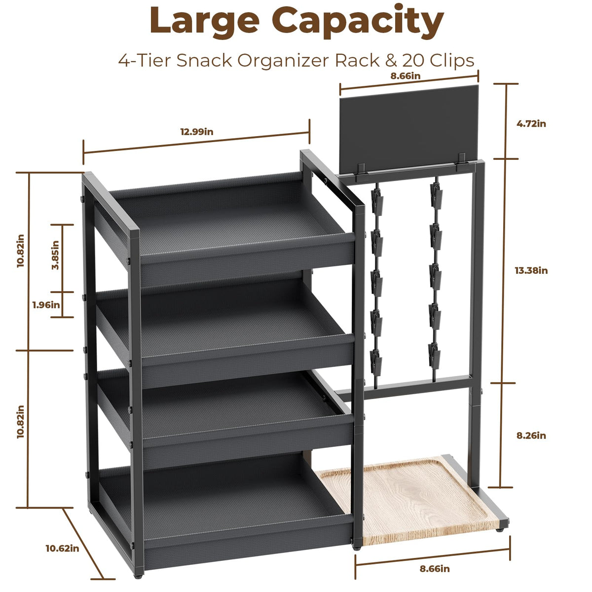 DEMEGA 4-Tier Snack Organizer with 20 Clips, Large Capacity Snack Rack with Message Board, Modern Industrial Snack Cart for Kitchen Office Store Party Countertop, Matte Black Metal & Oxford Fabric Snack Storage