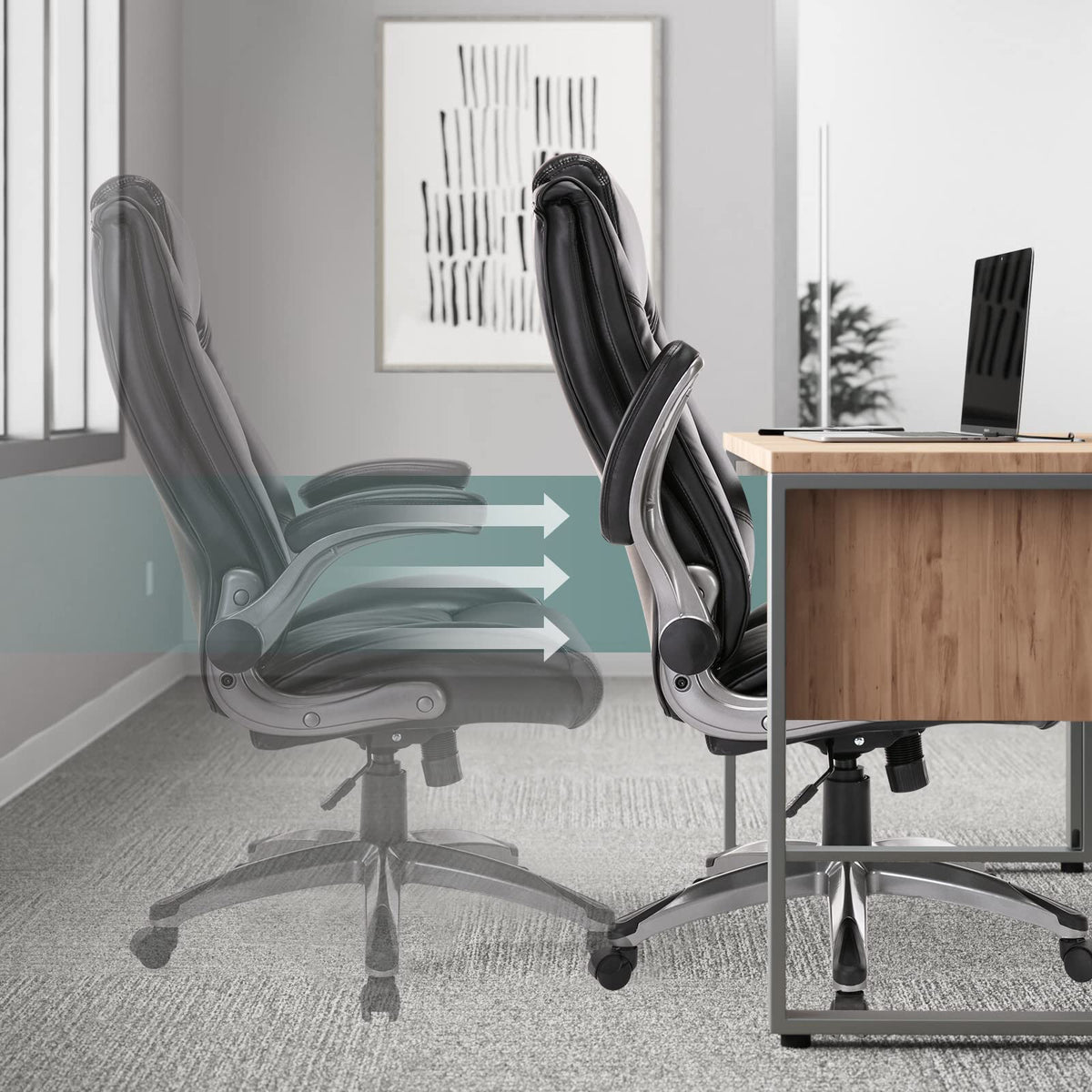 COLAMY Leather Executive Office Chair - High Back Home Computer Desk Chair with Padded Flip-up Arms, Adjustable Tilt Lock, Swivel Rolling Ergonomic Chair for Adult Working Study, Black