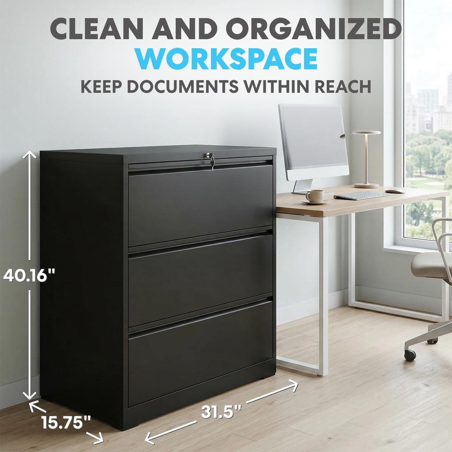 SIMPLI-Magic 3 Drawer Vertical File Cabinet with Lock Metal Filing Storage Cabinet for Home Office Organization Hanging Letter Legal F4 A4 Black - Reliable Design for Everyday Use