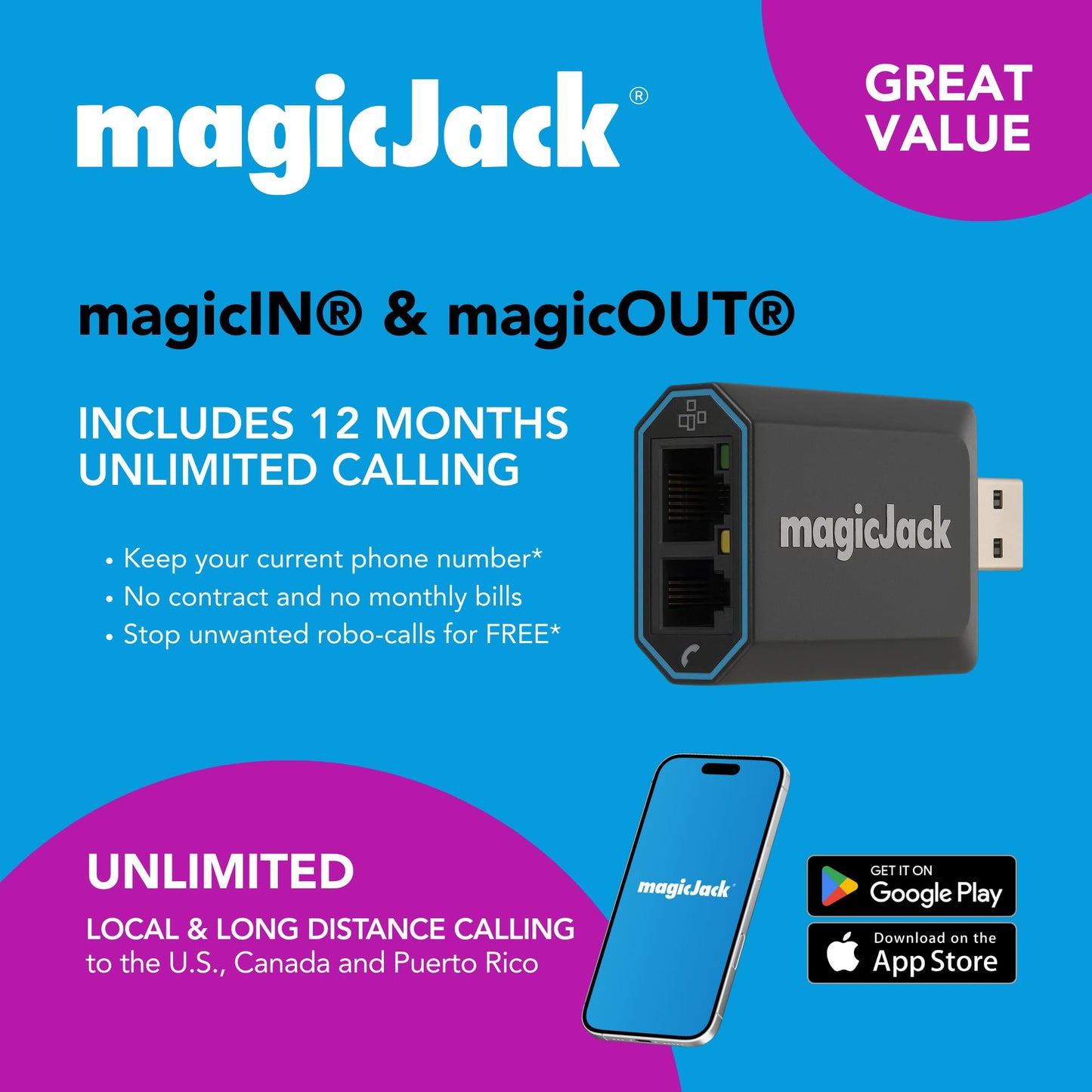 magicJack VOIP Phone Adapter - Unlimited Calls to US & Canada, No Monthly Bill, Portable Internet Phone with App, magicIN™ & magicOUT™ Service