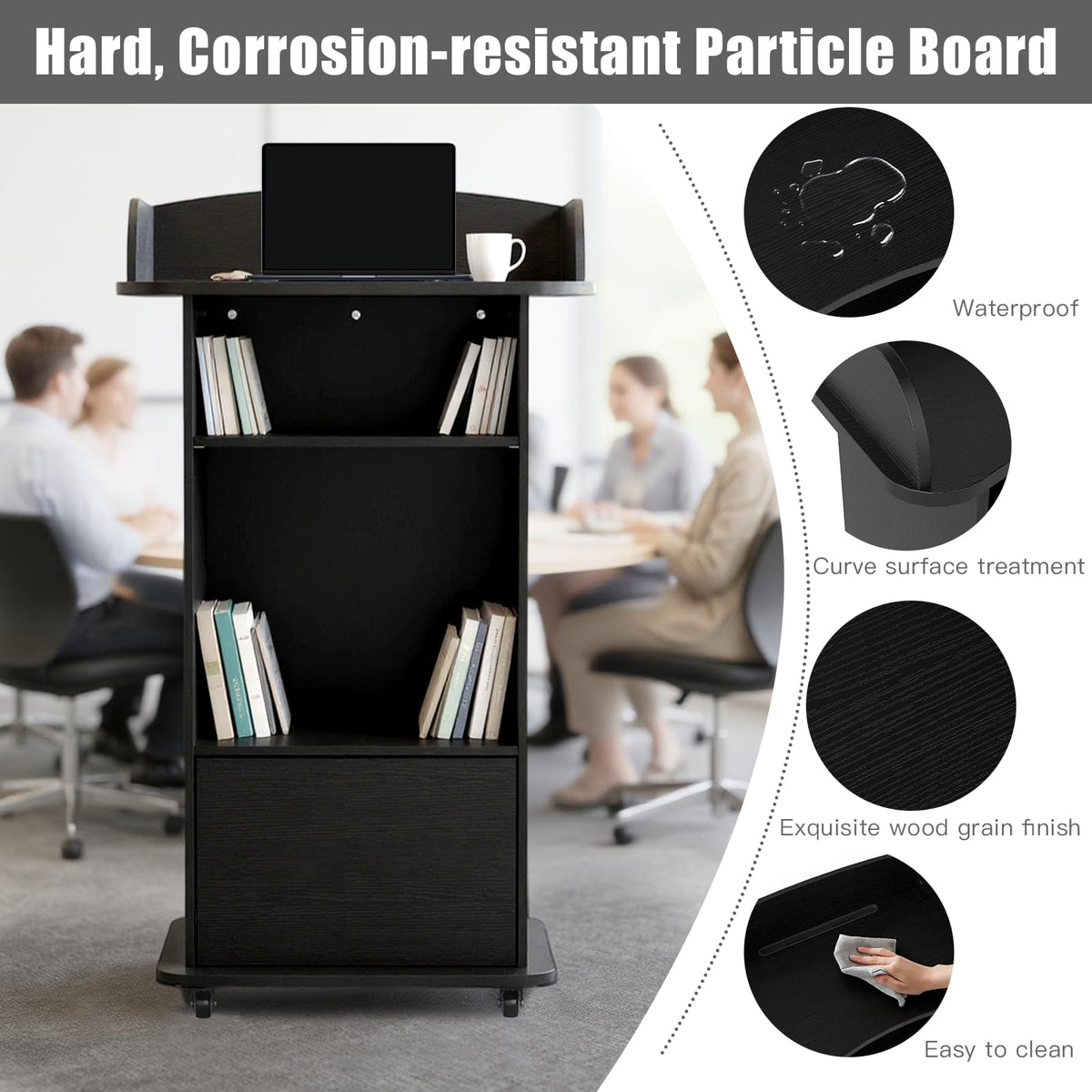 Podium Stand Portable with Wheels, Classroom Lectern for Teacher with Adjustable Storage Shelf, Mobile Rolling Church Pulpits, Office Wooden Reception Desk, Host Stand for School Conference（Black）