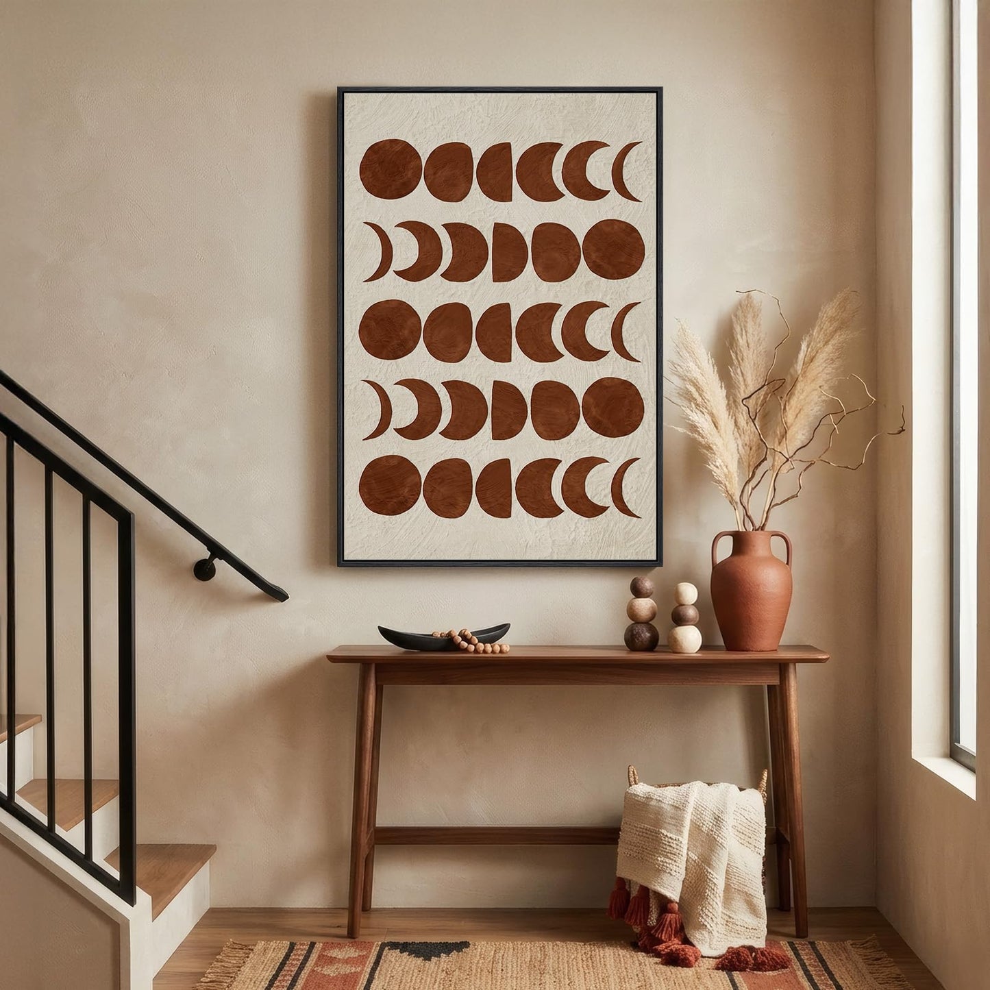 Framed Mid Century Modern Moon Phase Wall Art for Living Room, Neutral Brown Beige Boho Geometric Print Canvas Artwork for Walls, Vertical Pictures Wall Decor for Bedroom Home Office Hallway, 24x36 In