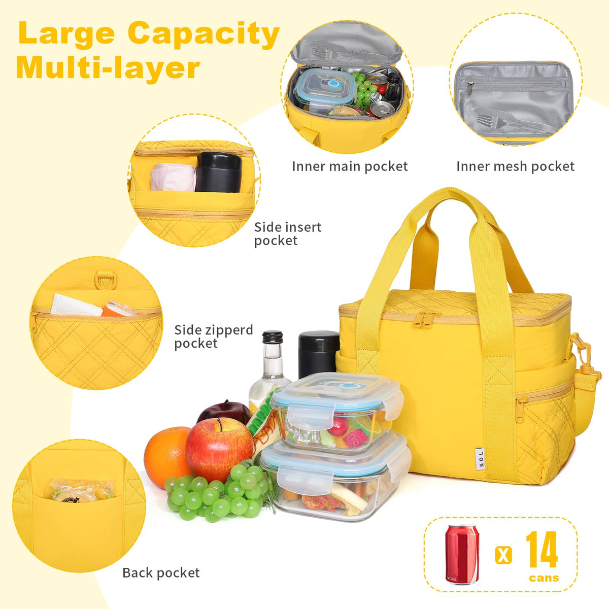 NOL Natural Organic Lifestyle Women's Nylon Lunch Cooler Cute Quilted Lunch Bag Large Leakproof Insulated Lunch Tote Bag for Work Picnic Travel,Earth-yellow