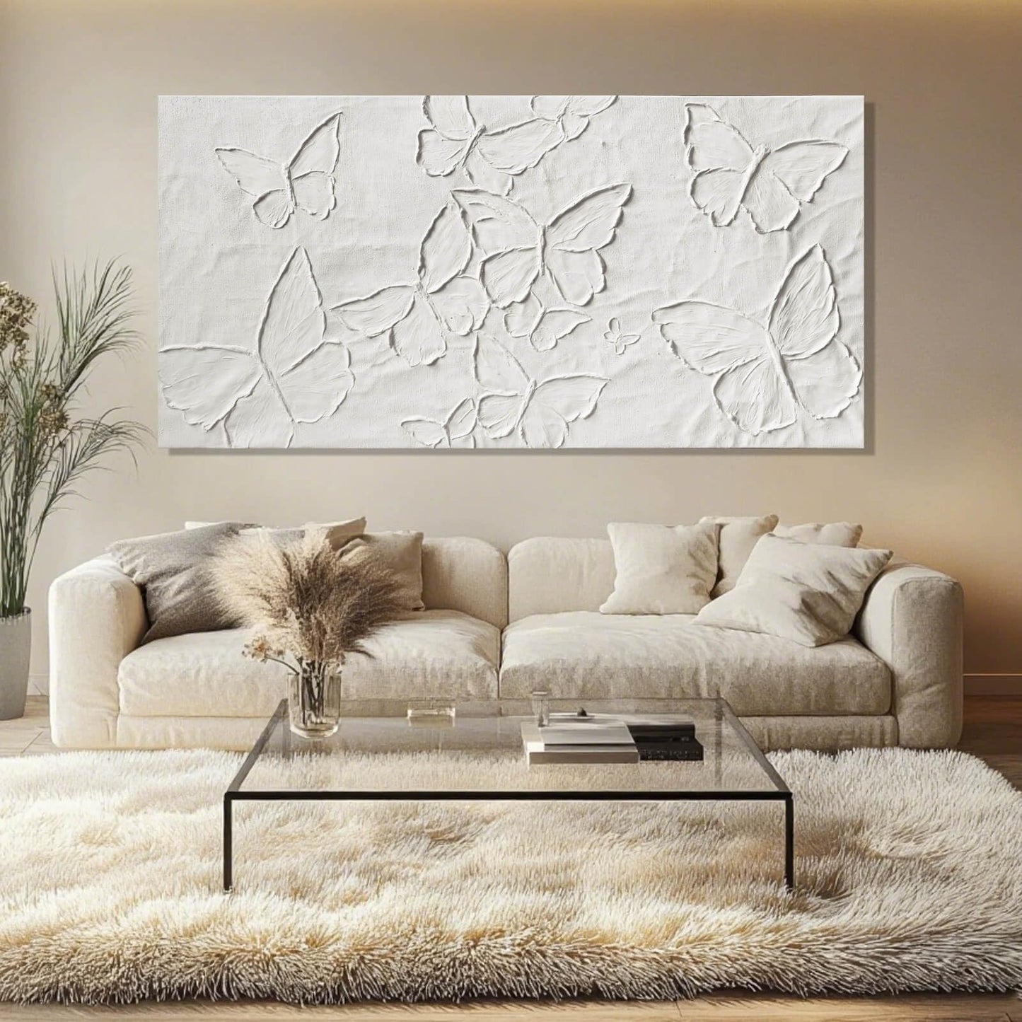 SHEYOYE White Minimalist Wall Art | Canvas Painting, Butterfly Modern Abstract Art Wall Decor for Bedroom, Living Room and Office Hallway Wall Decor 24" x 48"