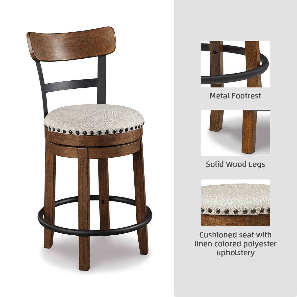 Signature Design by Ashley Valebeck Swivel Barstool With Back, Rustic-Industrial Wood and Metal, 360-Degree Swivel Counter Height Stool for Kitchen Island Seating, Linen Color