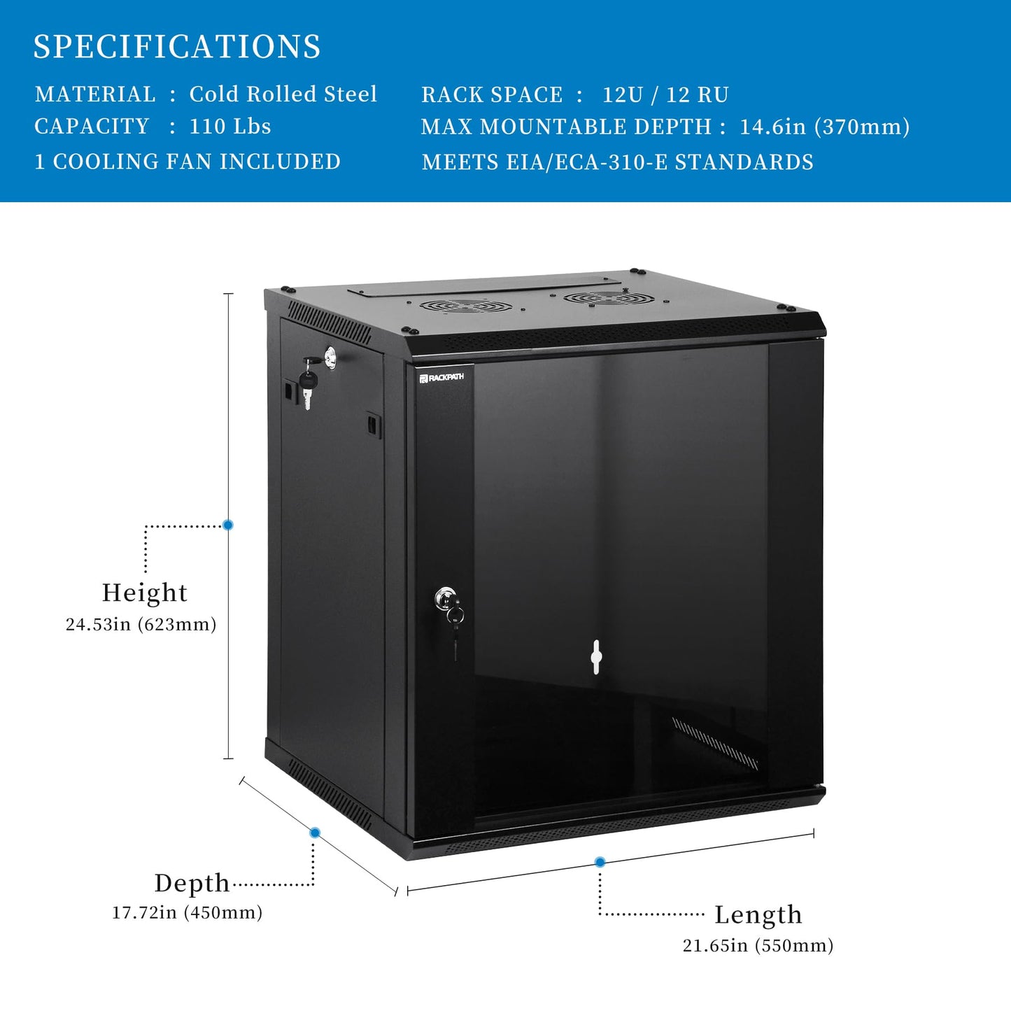 RackPath 12U Wall Mount Network Rack Cabinet – Quiet Cooling Fan, Locking Glass Door, 17.7" Deep (450mm), Removable Locking Side Panels, Fits 19" IT & A/V Equipment