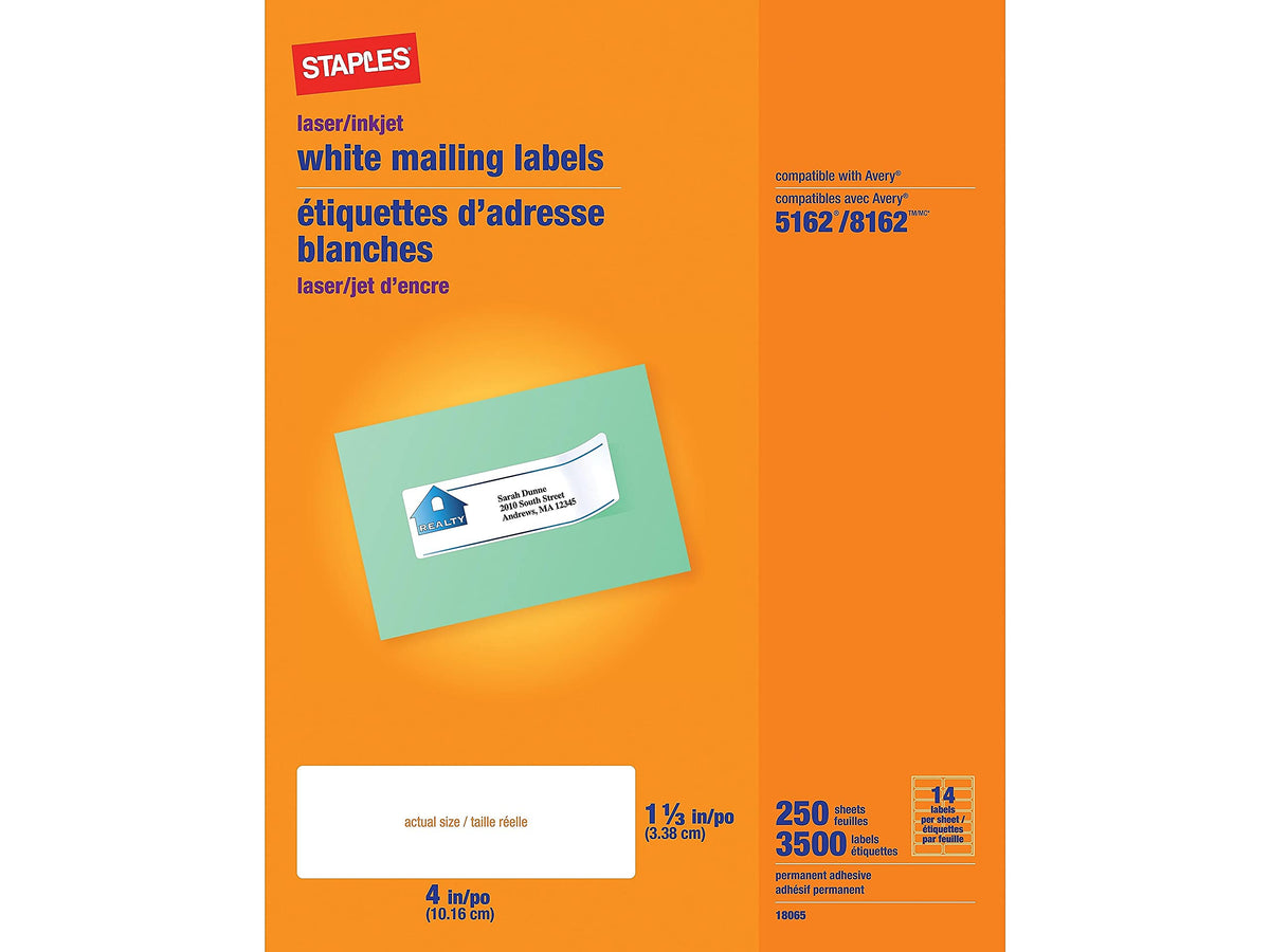 Staples 1-1/3" x 4" Address Labels, White – Printable Laser & Inkjet Mailing Labels, 14 Labels per Sheet