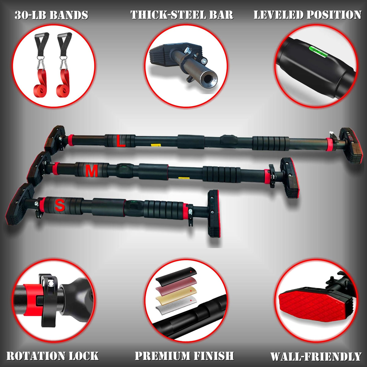 IRONSURGE Pull Up Bar for Doorway 6-piece Set with Two Attachable Resistance Bands, Training Manual, Door frame Chin Up Bar, and Two Angled Supports For Home Gym Workout, No Screws, Max 680lbs,