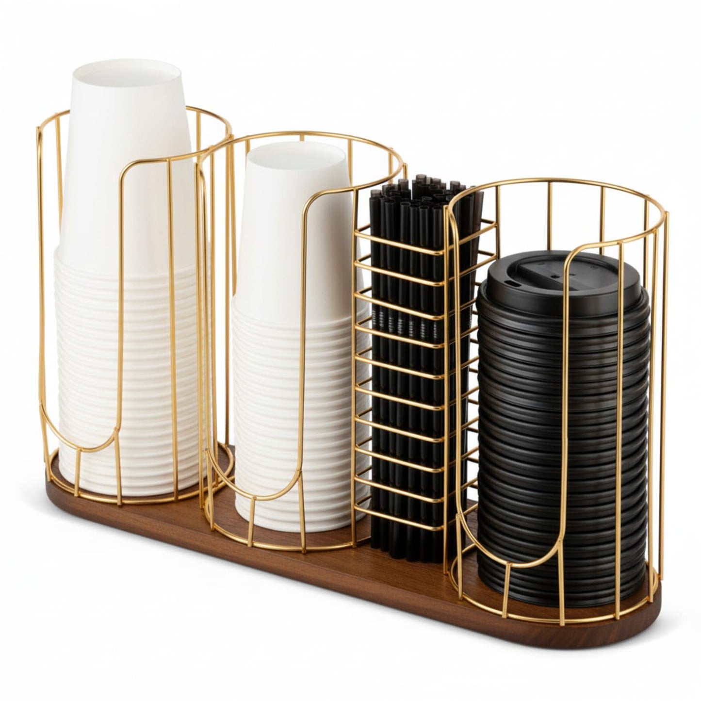 Geelin 18oz Adjustable Coffee Cup Dispenser, Cup Holder Organizer for Storing Paper Cups, Straws, Lids and Disposable Tableware(4-compartment Single Layer,Brown and Gold)