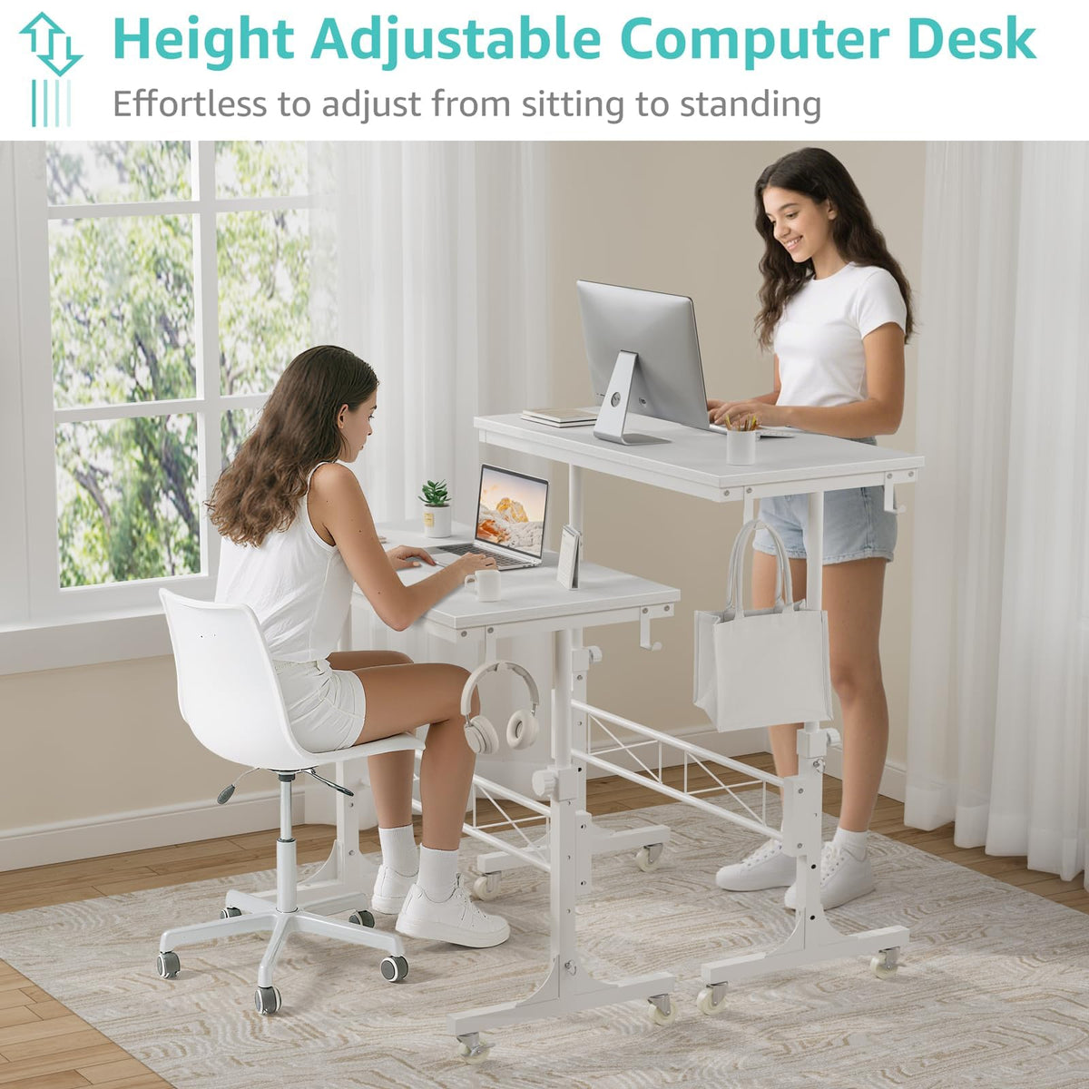 WINAZ Small Portable Treadmill Walking Pad Desk on Wheels, 32 Inch White Adjustable Height Mobile Rolling Standing Teacher Desks, Couch Sofa Side Laptop Stand Up Table for Bedroom, White