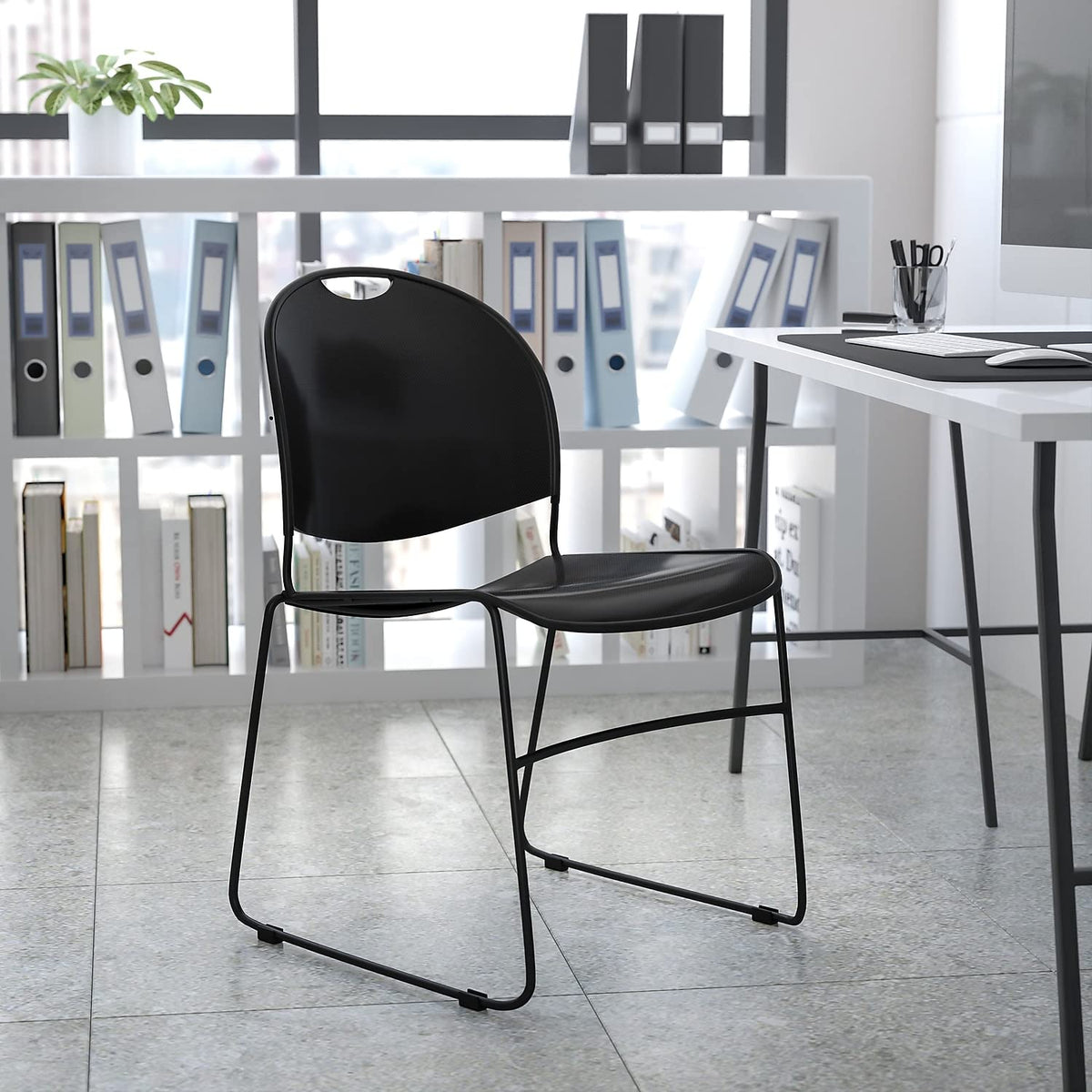 Flash Furniture Hercules Series Ultra-Compact Plastic Stacking Event/Waiting Room Chairs, Ergonomic Lobby Chairs with Contoured Seats, Set of 5, Black