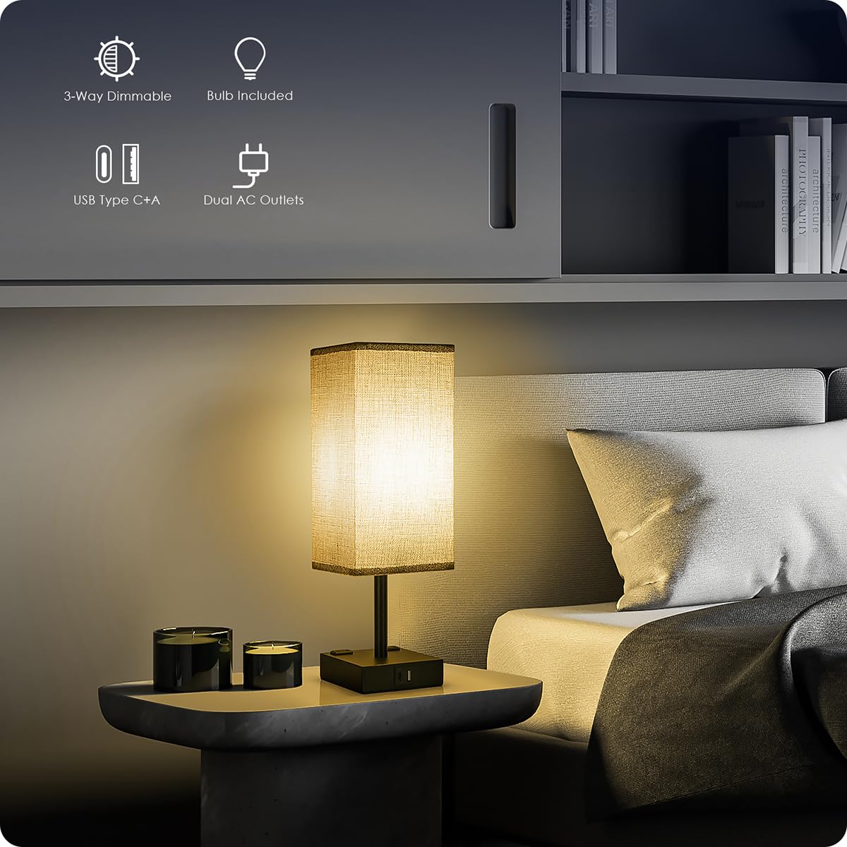 Soilsiu Bedside Table Lamp for Bedroom - Touch Small Lamp with USB C+A Charging Ports & AC Outlets, 3 Way Dimmable Nightstand Light for Living Room (LED Bulb Included, Grey)
