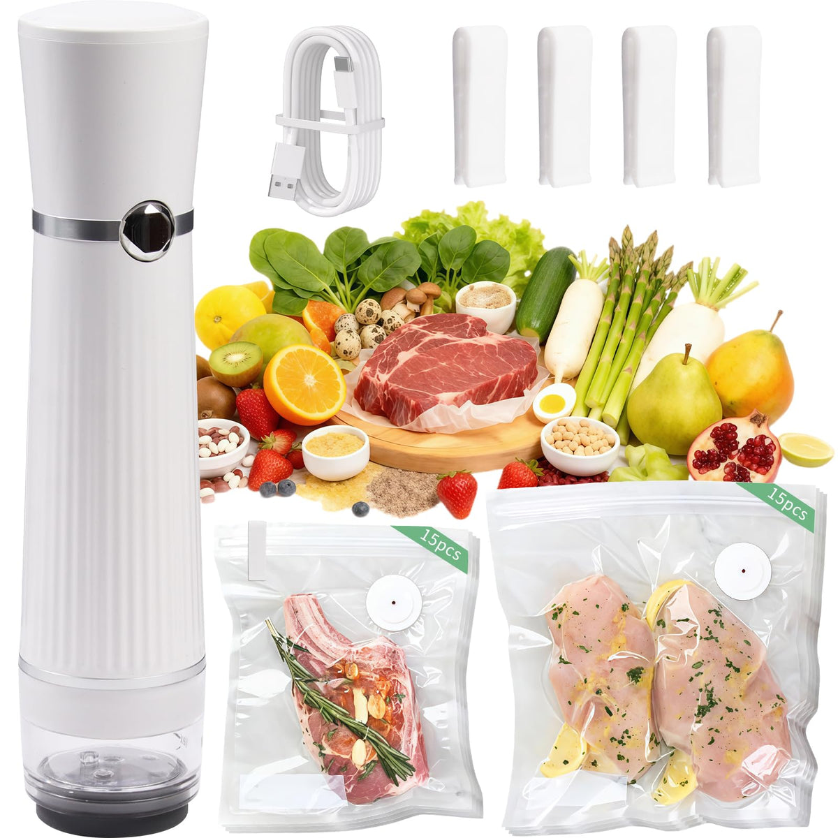 Handheld Vacuum Sealer, Detachable & Easy to Clean, Includes 30 Reusable Bags, Portable Food Saver, Extends Freshness 10x, Auto Power Off, for Kitchen, Travel & Outdoor