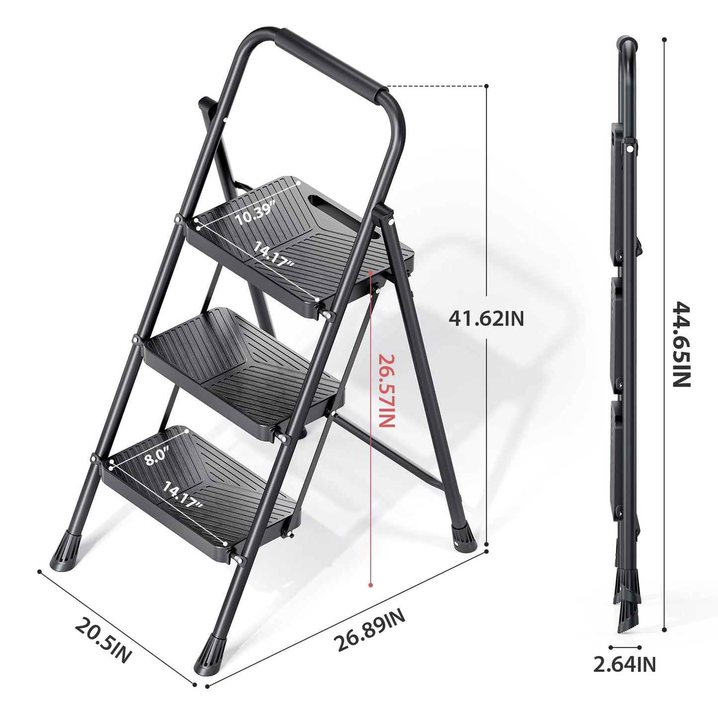 KINGRACK 3 Step Ladder, Folding Step Stool with Safe-Lock Design, 500 lbs Sturdy Steel Ladder with Wide Anti-Slip Pedal, Convenient Handrail for Household and Kitchen, Black