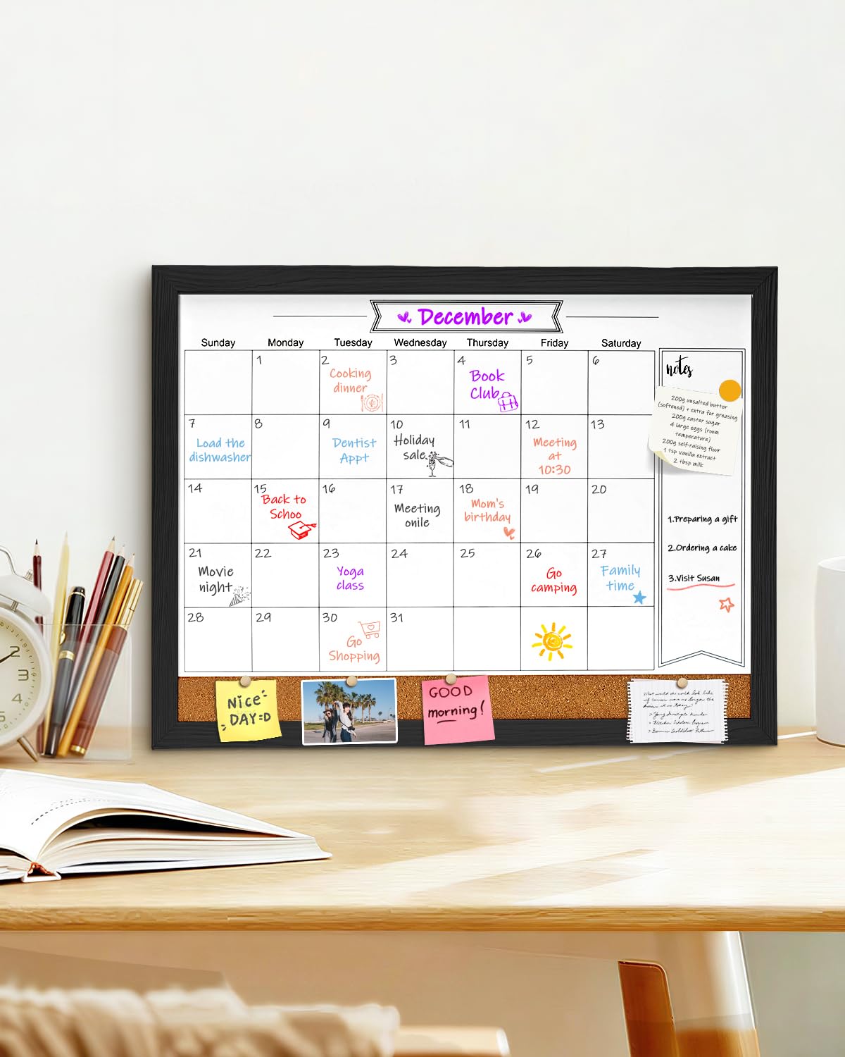 Dry Erase Calendar Whiteboard for Wall, Magnetic 13" x 17" Combination Dry Erase Board & Bulletin Board, 2in1 White Board Cork Board Combo(Black)