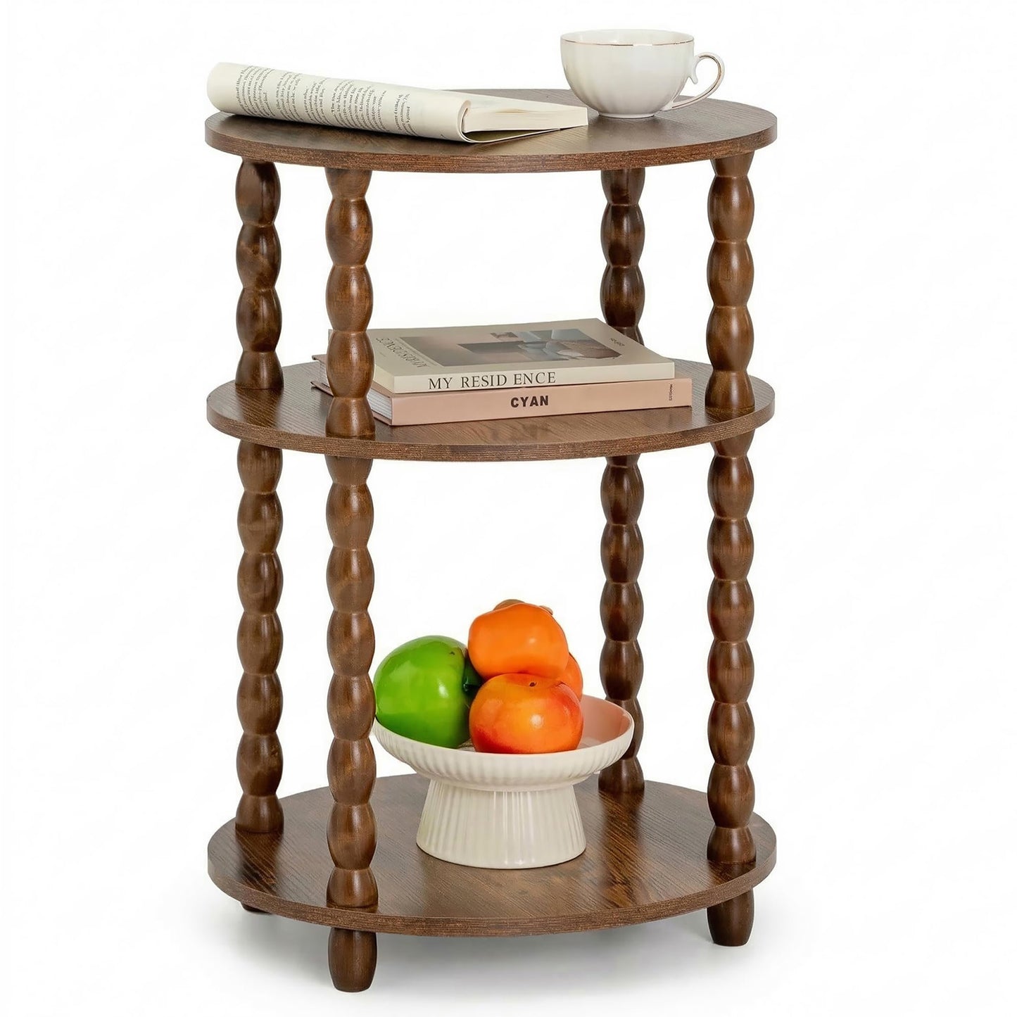 3-Tier Oval Side Table with Solid Wood Legs, Small End Table with Storage Shelves for Living Room Bedroom, Modern Night Stand Accent Table for Small Spaces, Easy Assembly