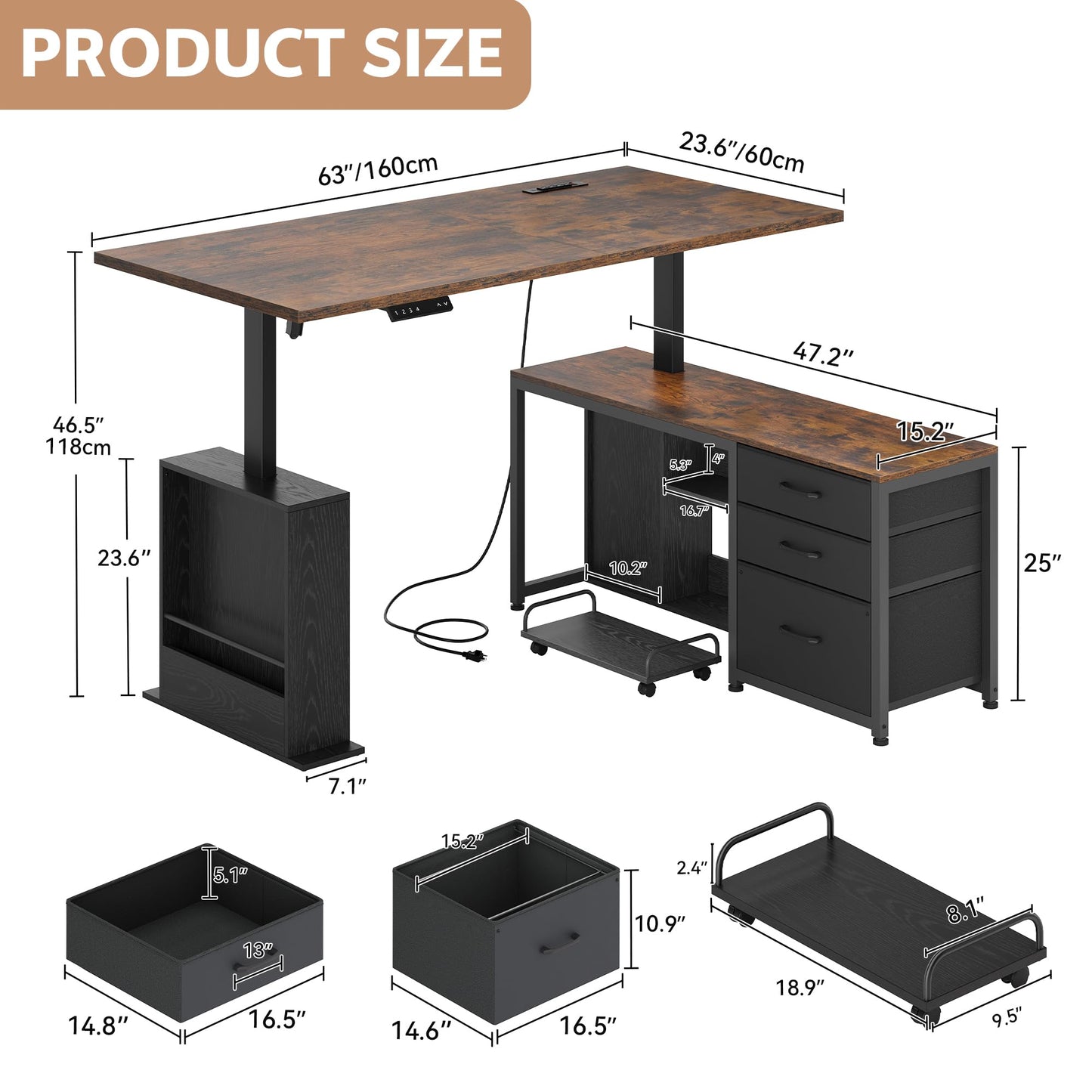 Homiflex 63 Inch L Shaped Desk with 3 Drawers Electric Standing Desks with Storage Computer Table Adjustable Height with Power Outlets 4 Memory Presets for Home Office, Rustic Brown