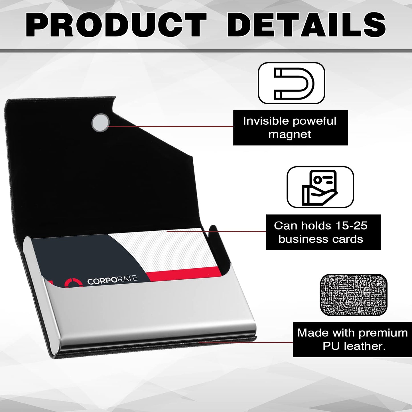 Yexiya 20 Pieces PU Leather Business Card Holder with Magnetic Closure Stainless Steel Slim Wallet Case for ID Credit Card Women Men(Black, Blue, Bronze, Grey, Brown)