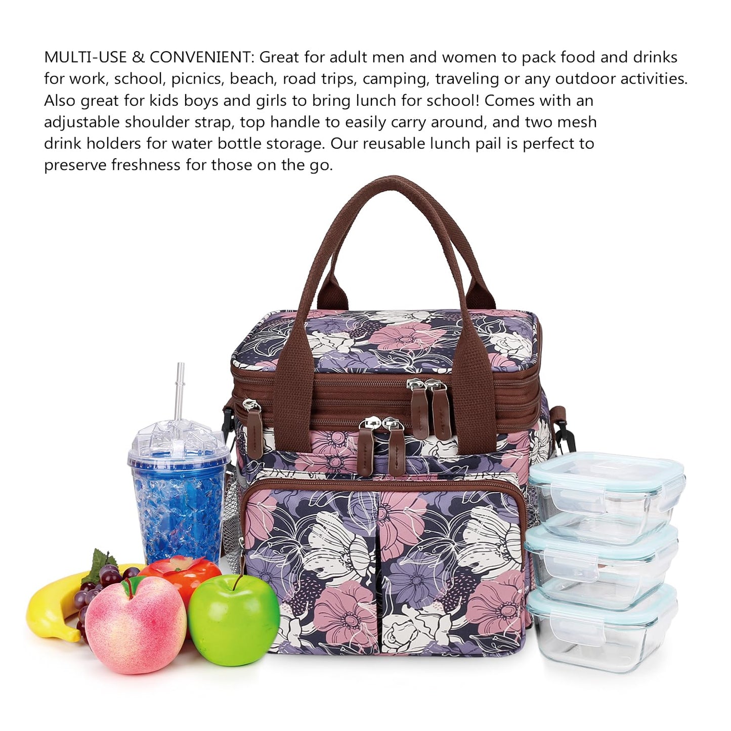 MOV COMPRA Lunch Bag for Women Men Double Deck Expandable Lunch Box,Large Lunch Bags,Leakproof Lunch Box Cooler Bag (Purple Flower)